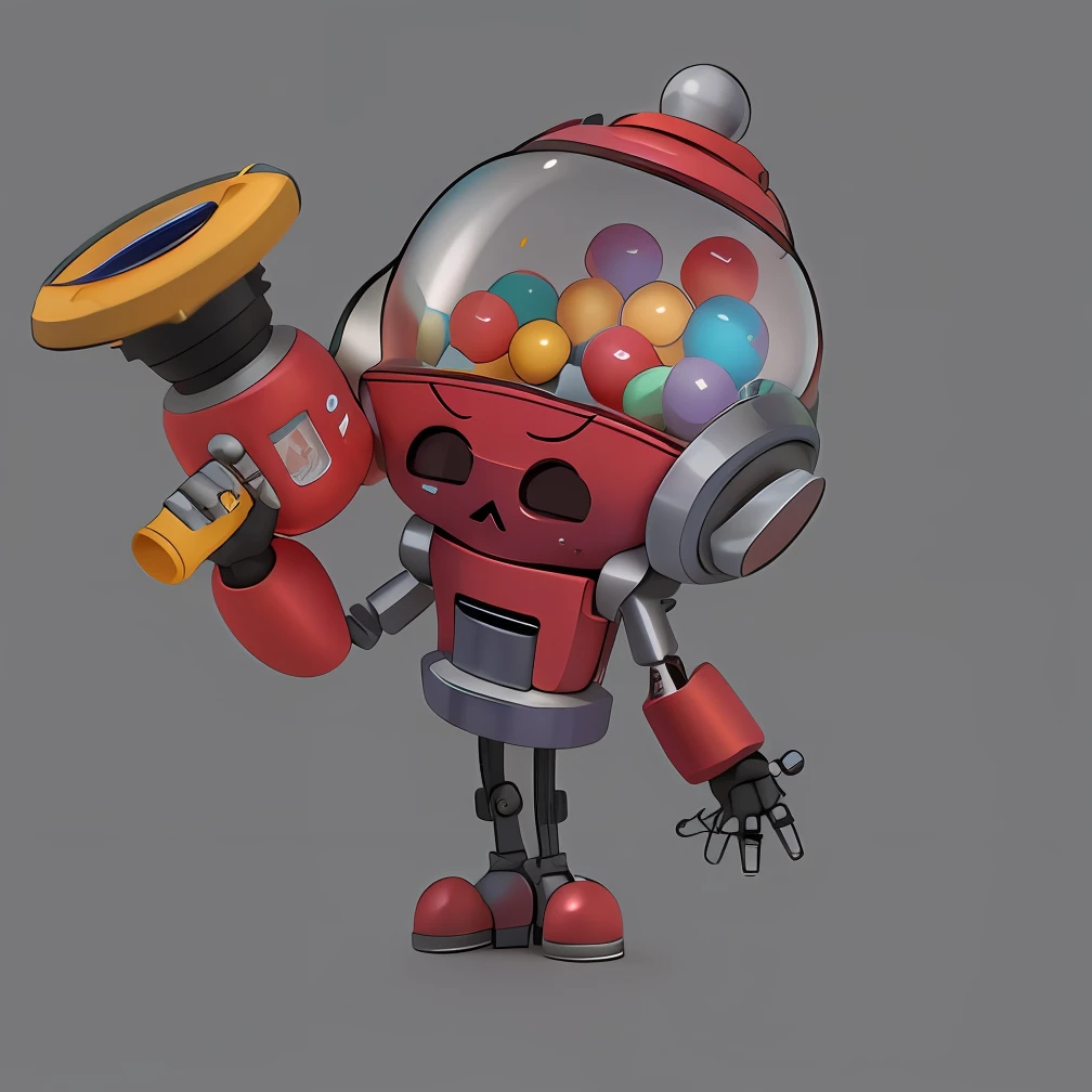 Cartoon robot with cartoon toy gun and gumball machine, candypunk character design,Rusty iron material,Worn-out metal