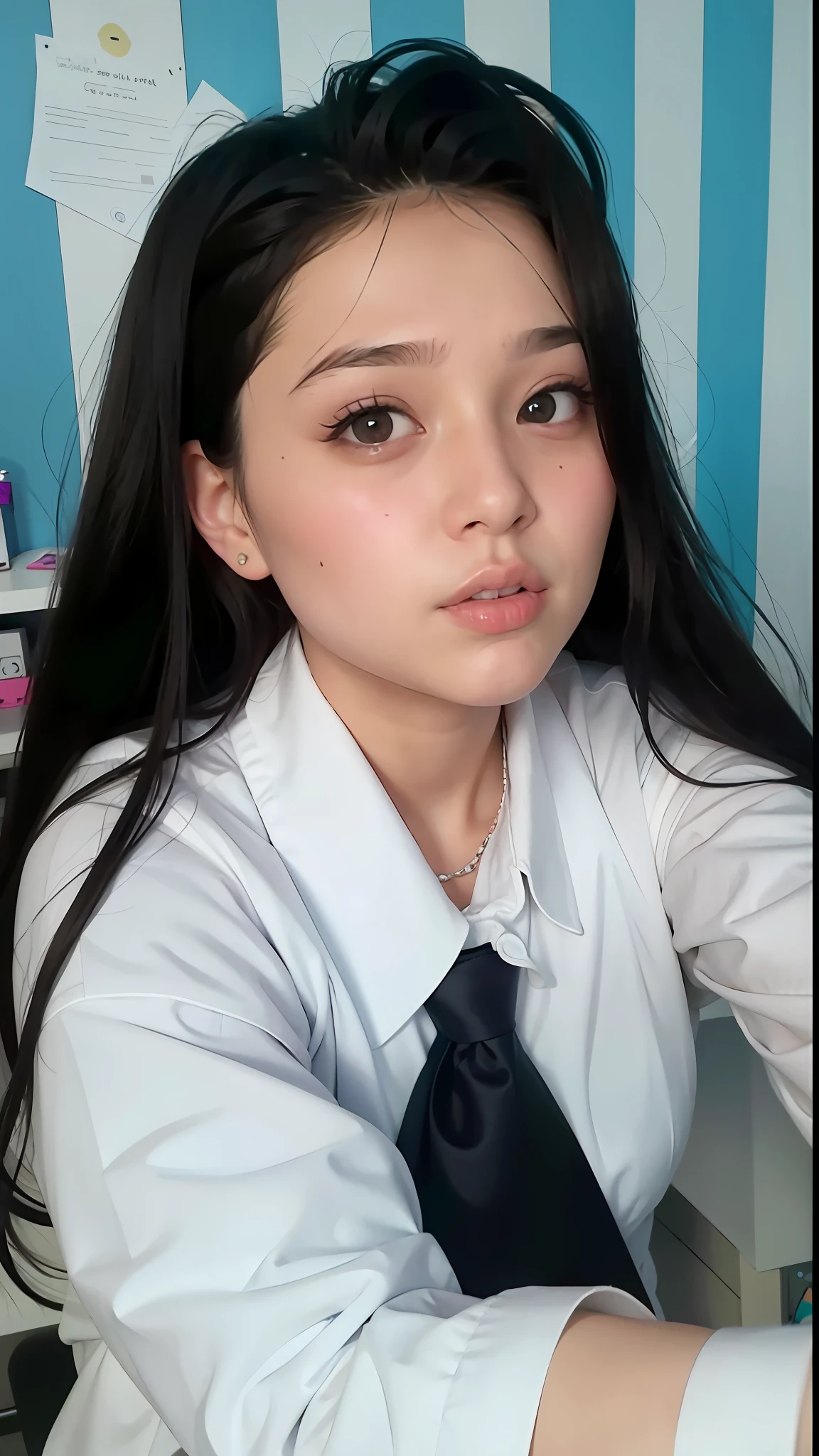 there is a pregnant young girl wearing a tie and a white shirt, ruan cute vtuber, wearing lab coat and a blouse, in white clothes, real ungine, low quality video, doctor, tiktok video, (doctor), with a lab coat, young and cute girl, with kind face, wearing lab coat, with long hair, dang my linh, with big boobs