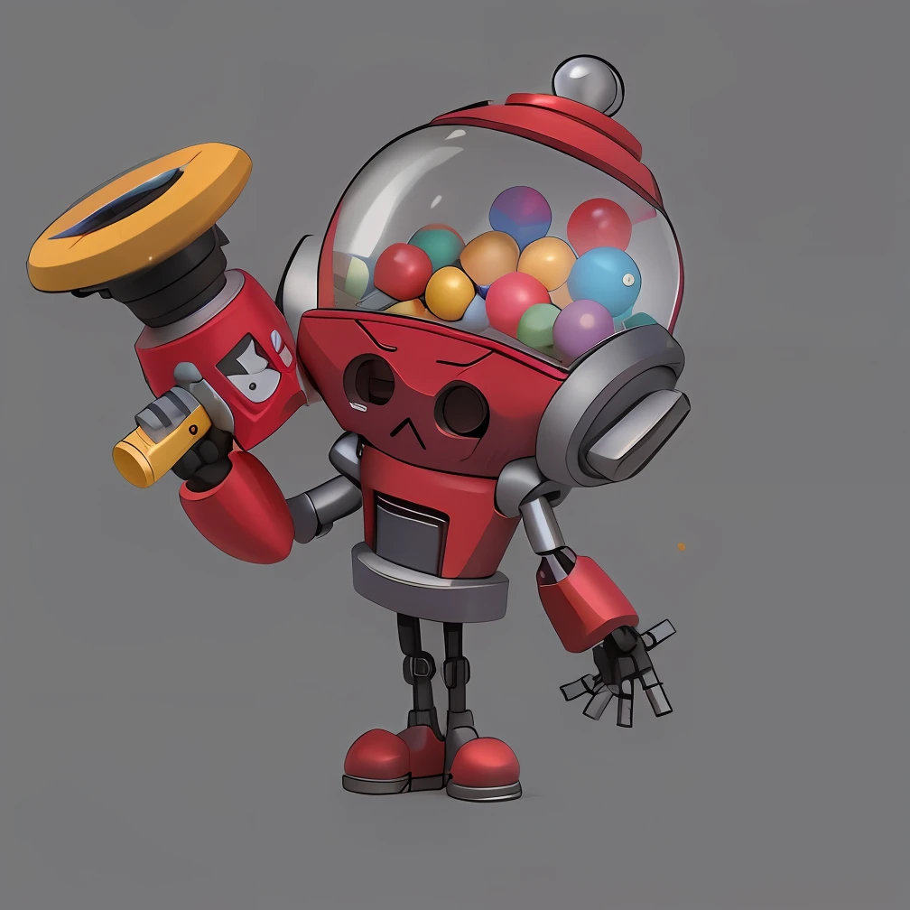 Cartoon robot with cartoon toy gun and gumball machine, candypunk character design,Rusty iron material,Worn-out metal