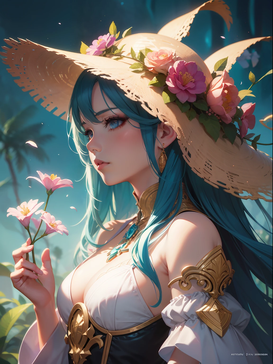 anime girl with flowers in her hair and a hat, A beautiful artwork illustration, Beautiful digital artwork, stunning digital illustration, beautiful digital illustration, Ross Tran 8 K, author:Oliver Sheen, Fantasy art Behance, Beautiful character painting, beautiful fantasy art portrait, Exquisite digital illustration, Fantasy art style, alphonse mucha and rossdraws, detailed fantasy digital art, beautiful fantasy portrait