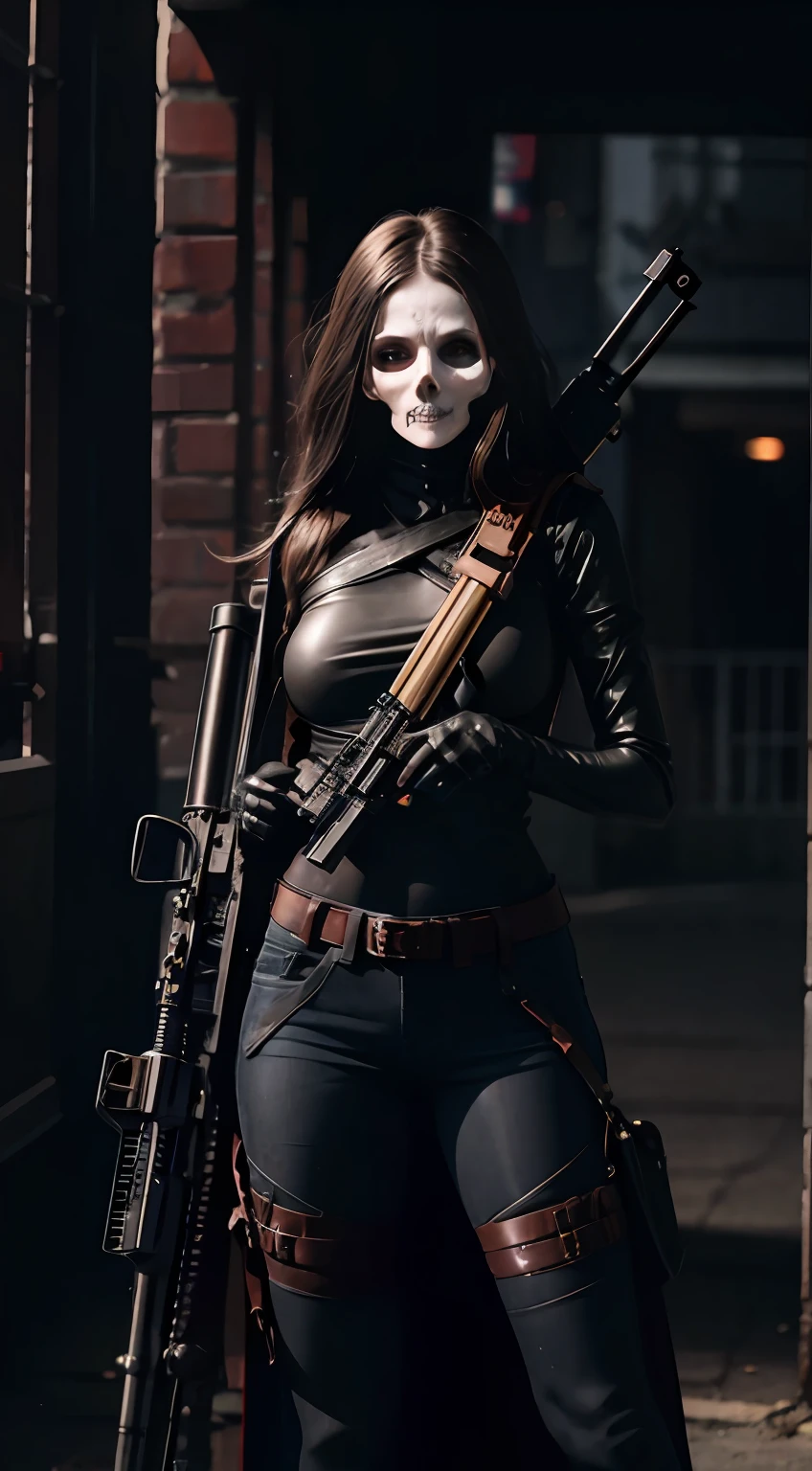 Create an image of Death in a woman body, skull head, holding a Sniper Rifle in her hands