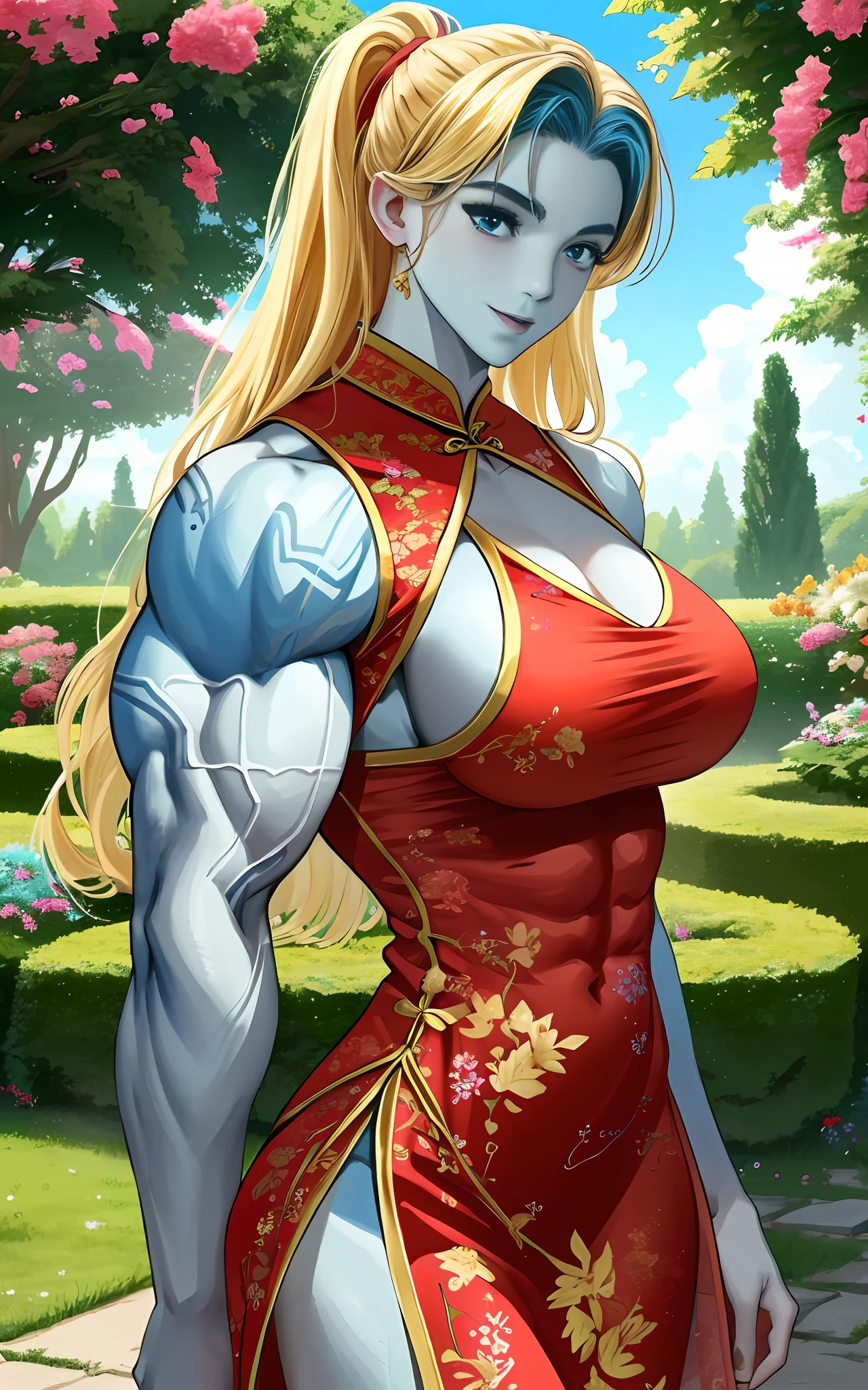 (1girll), huge tit, Breasts, Conque, Moisturizes skin, ,trpical garden ,  Red and yellow cheongsam， teens girl,realistic illumination，top Quority，8K，tmasterpiece,Muscular female,Muscular,Abs,(Blonde hair), (Blue skin:1.4),