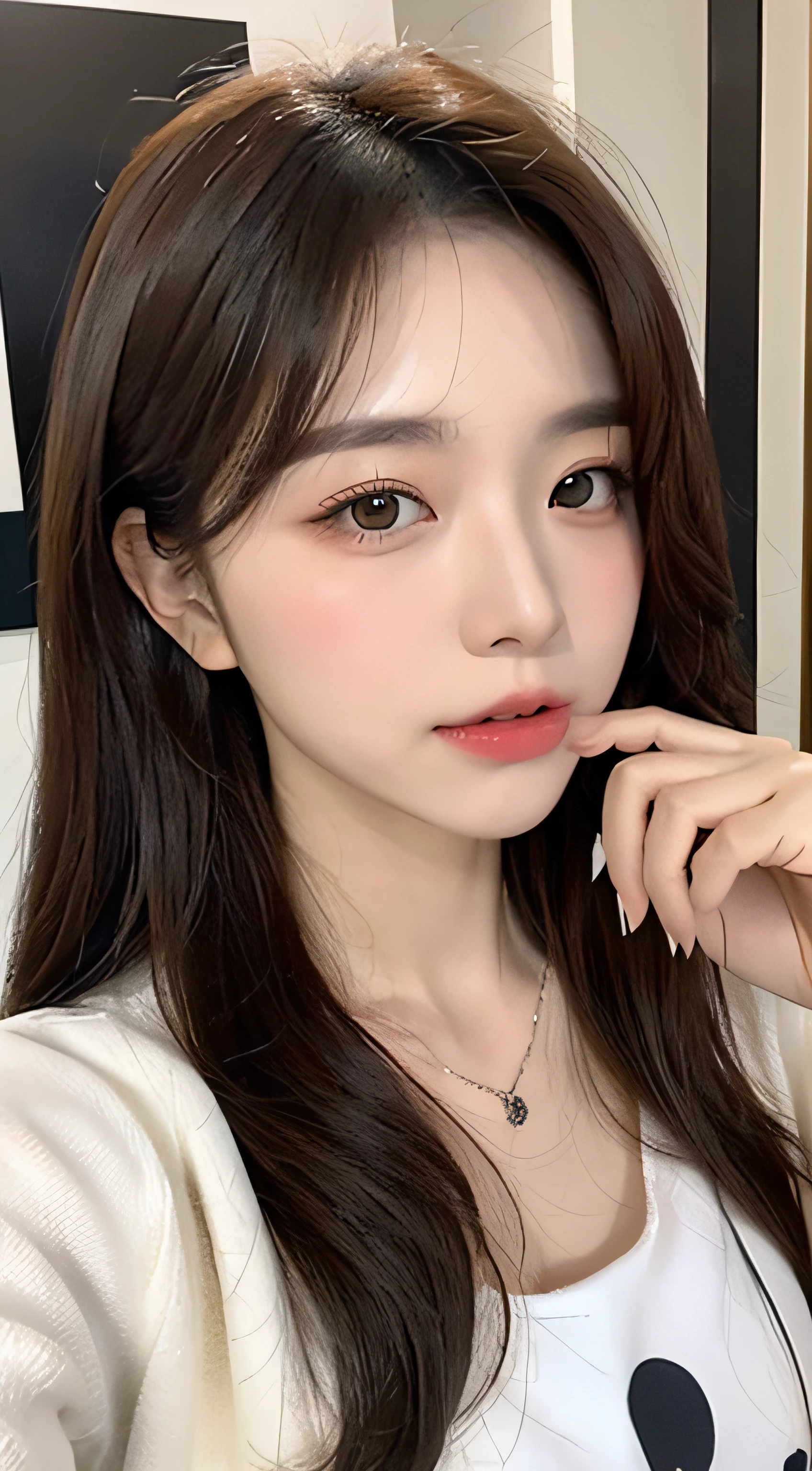 (1 Korean woman with idol style), ((Top  Quality, 8k, ​masterpiece: 1.3)), focusing: 1.2, Perfect body care: 1.4 , (Funny facial expressions), Highly detailed face and skin texture, Fair eyes, Double eyelidd, white skinned, (air bang: 1.3), (Round face: 1.5), a white T-shirt, JINS, Skyy dress, Face-based selfie composition