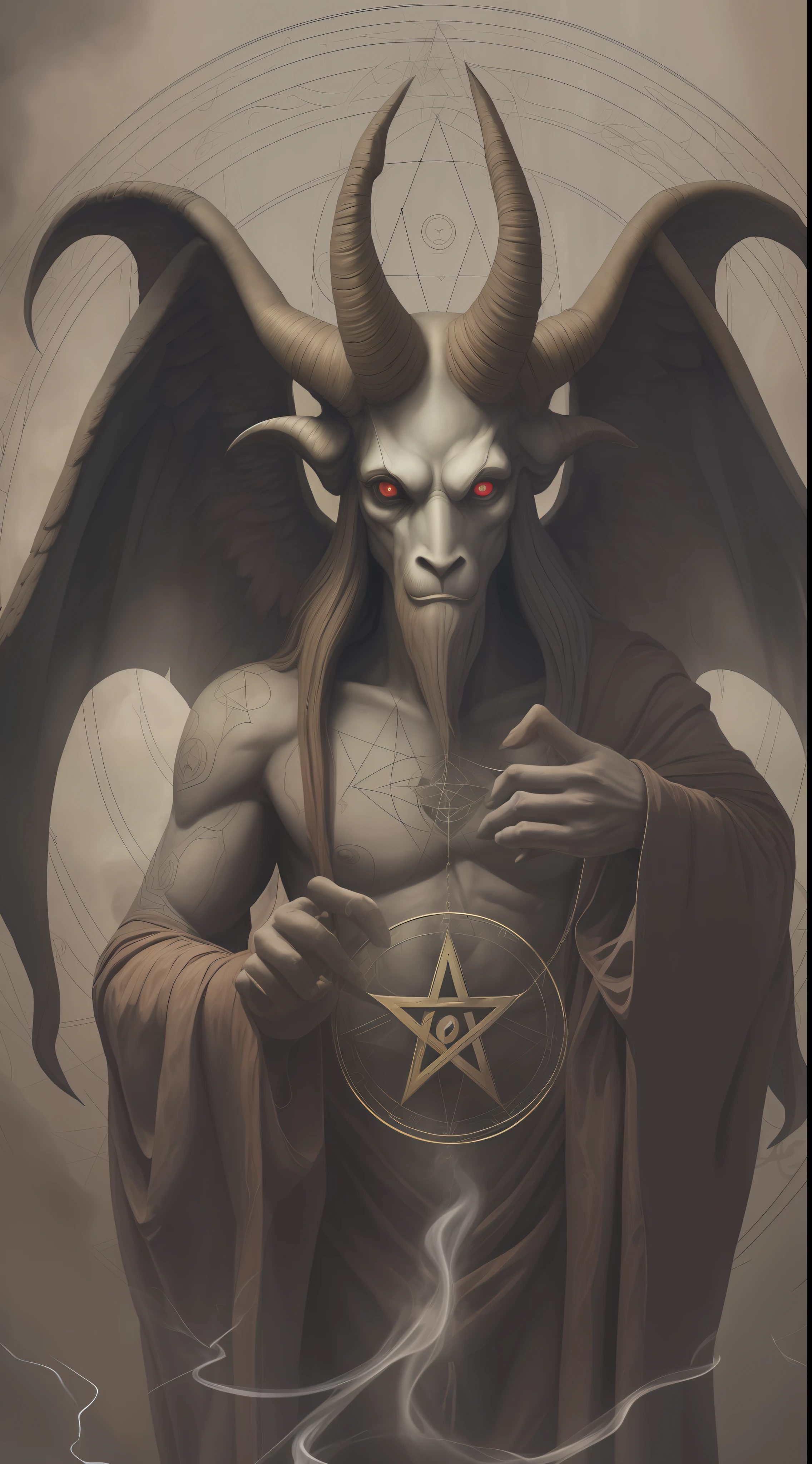 Baphomet Ruling the Worlds, Baphomet pulls his right hand forward, points back with his left hand;, Baphomet on the background of a large occult pentagram, High image detail, Baphomet's piercing gaze into the very soul, Gloomy image, Smoke & Depth