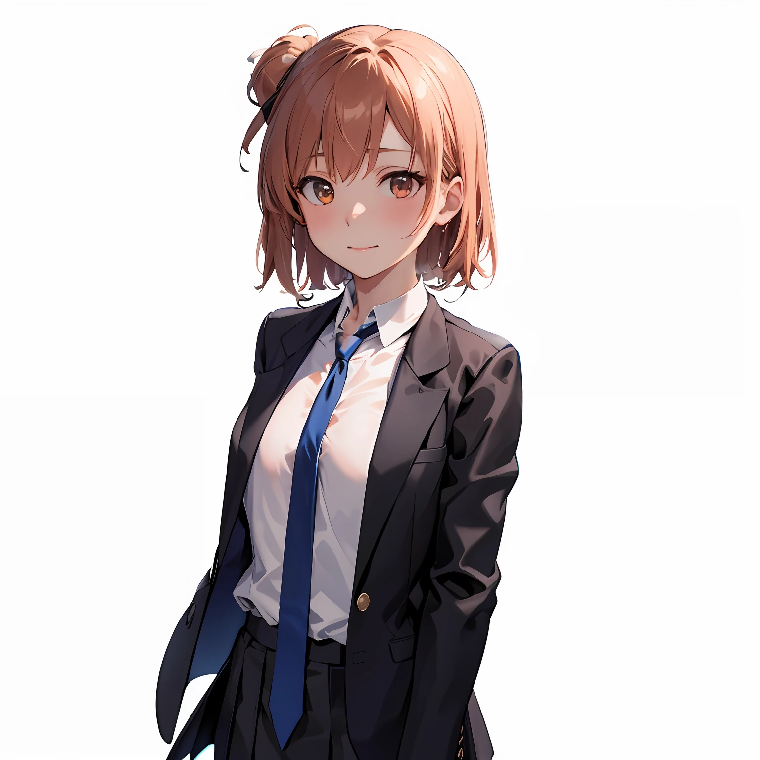 Wearing a white jacket with the front fully open、Wearing a black shirt under a white jacket、He wears a dark blue tie loosely、Breasts are big、a black pleated skirt