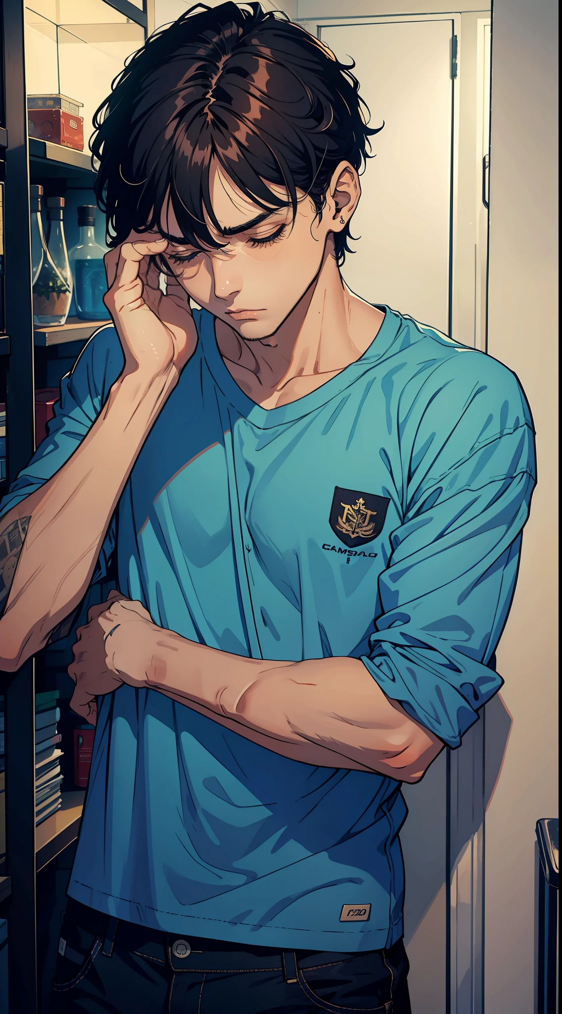 homem de 20 anos, chorando, olhos fechados, camisa branca, triste