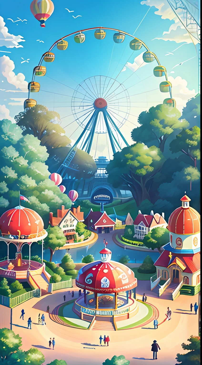 Ferris wheel, roller coaster, carousel, lots of air balloons, playground, seaside, greenery, people come and go, have fun