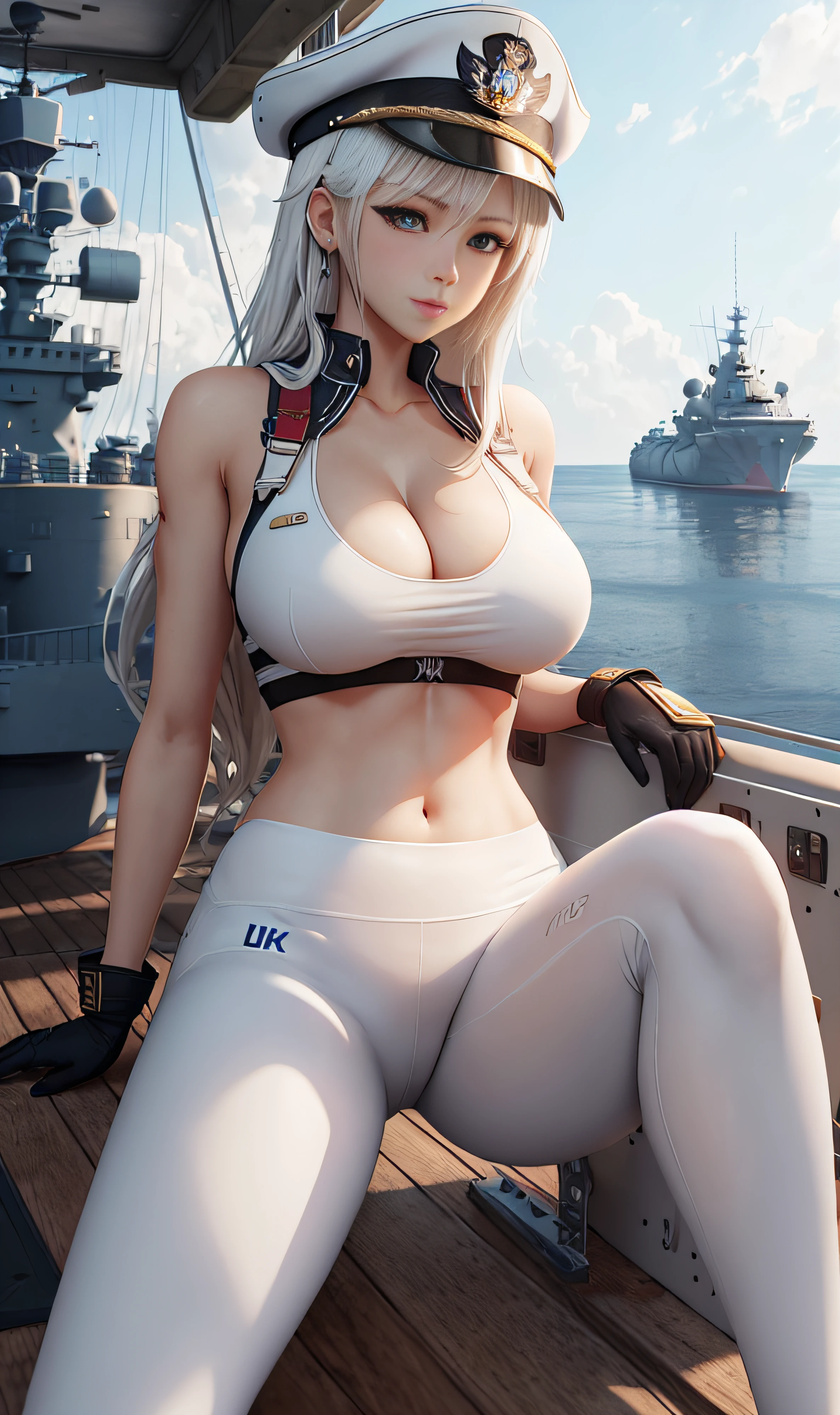 Blonde woman in white uniform poses on warship, azur lane style, Girl with warship, photorealistic anime girl rendering, A scene from the《azur lane》videogame, high definition cgsociety, 3 D rendering character art 8 K, Tifa Lockhart with white hair, beautiful and seductive anime woman, Slim figure, Wearing a white tight military uniform, Moderate breasts，Nipple bumps，Not wearing a bra，stunning cgsociety，White transparent yoga pants，military hat，black glove，Full ，Long legs，lies on the ground，legs separated --auto