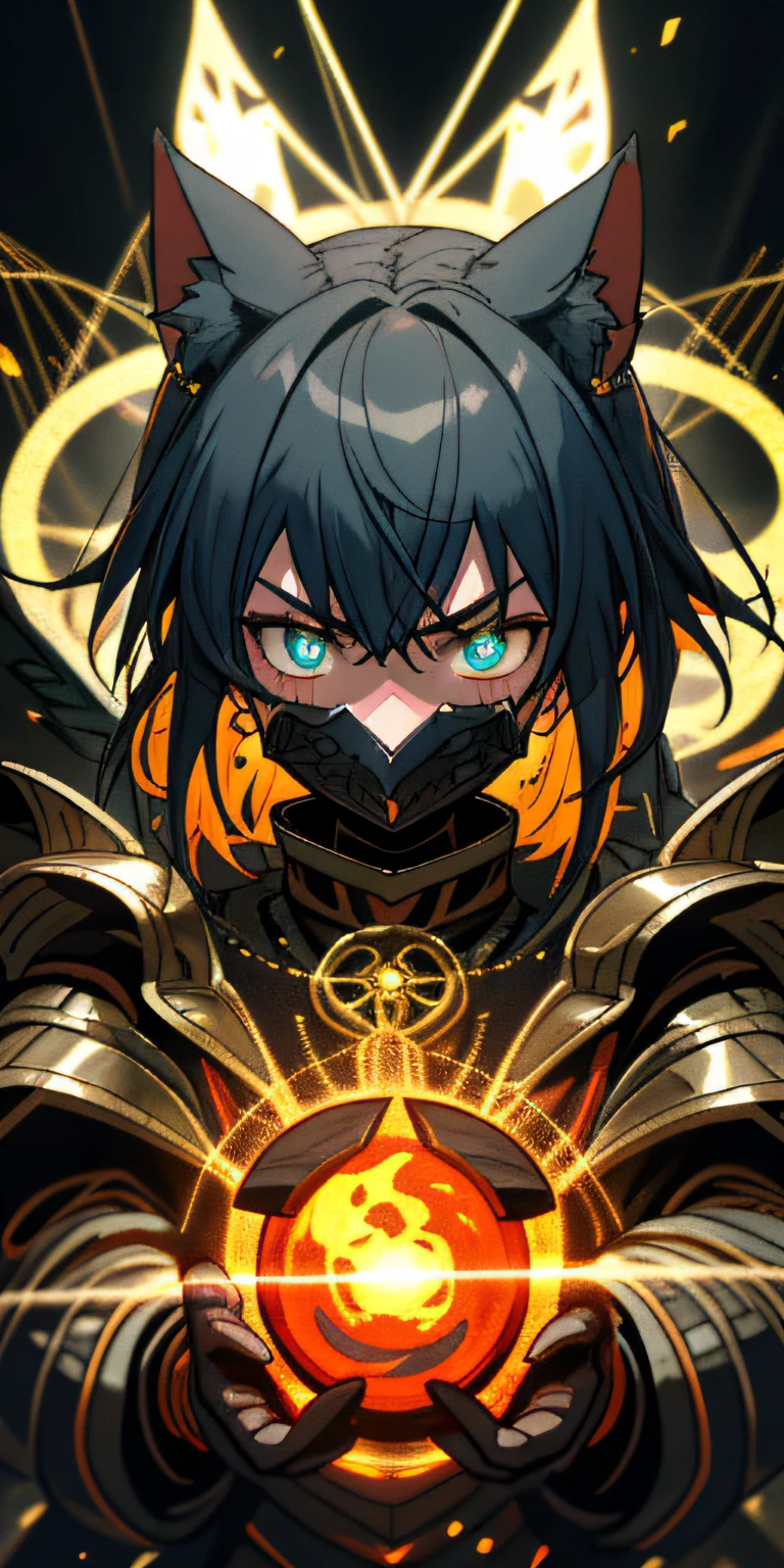 Anime Robot beutiful blue magma skin golem cat girl magic, aesthetic_eyes, detailed eyes, demon horn, mask, wings, glowing, random fantasy hair, multicolored hair, body detailed, random very angry face, detailed face, Saenyo Ancalagon Anthropomorphic majestic Guardian | Portrait | finely detailed Obsidian and Lava armor | cinematic lighting | intricate filigree metal design | 8k | unreal engine | octane render | aesthetic_eyes, detailed eyes, body detailed, ahegao, detailed face, highly detailed, fantasy background, blush, cat_ears_earrings hair_ornament highres jewelry triple_earring, detailed all, solo, fightning stance, magic circle, electrification, lightning effect, ray tracing, detailed all, show your ability A.I, 4K Ultra HD. add face mask, add fullface mask, mouth and nose covered by mask