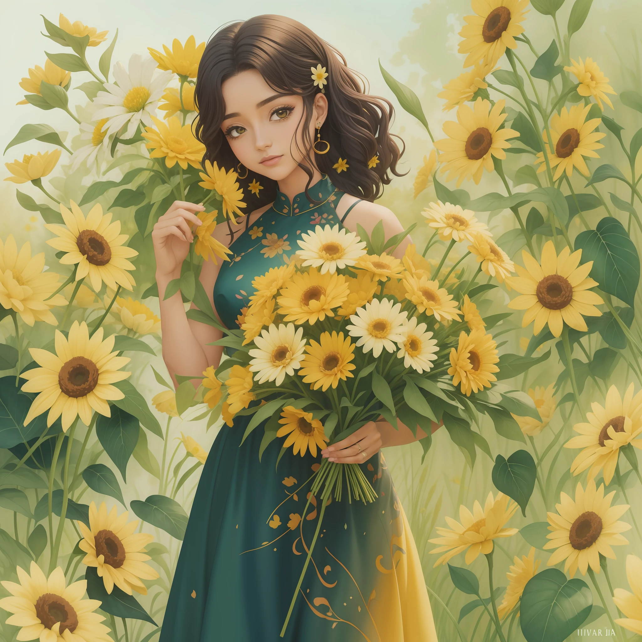 aquarela pintando a mulher segurando um ramo de flores, cabelo preto ondulado, com flores amarelas ao redor, menina anime girassol bonita, tonalidade amarela, linda Delphine, , pele amarela elegante, com flores, usando um vestido preto