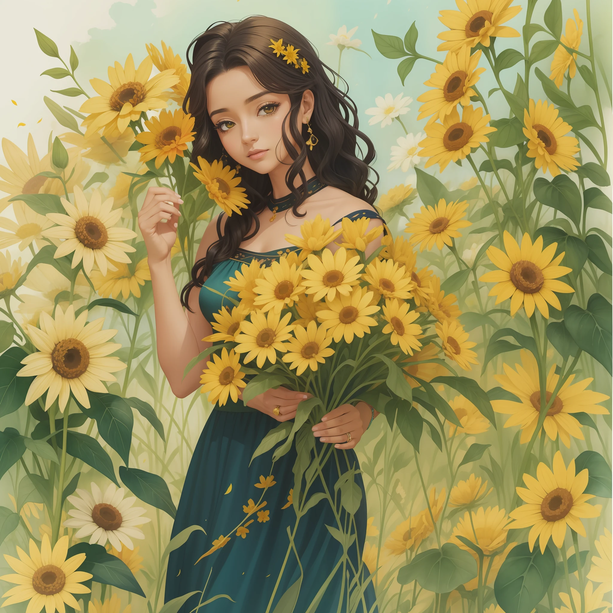 aquarela pintando a mulher segurando um ramo de flores, cabelo preto ondulado, com flores amarelas ao redor, menina anime girassol bonita, tonalidade amarela, linda Delphine, , pele amarela elegante, com flores, usando um vestido preto