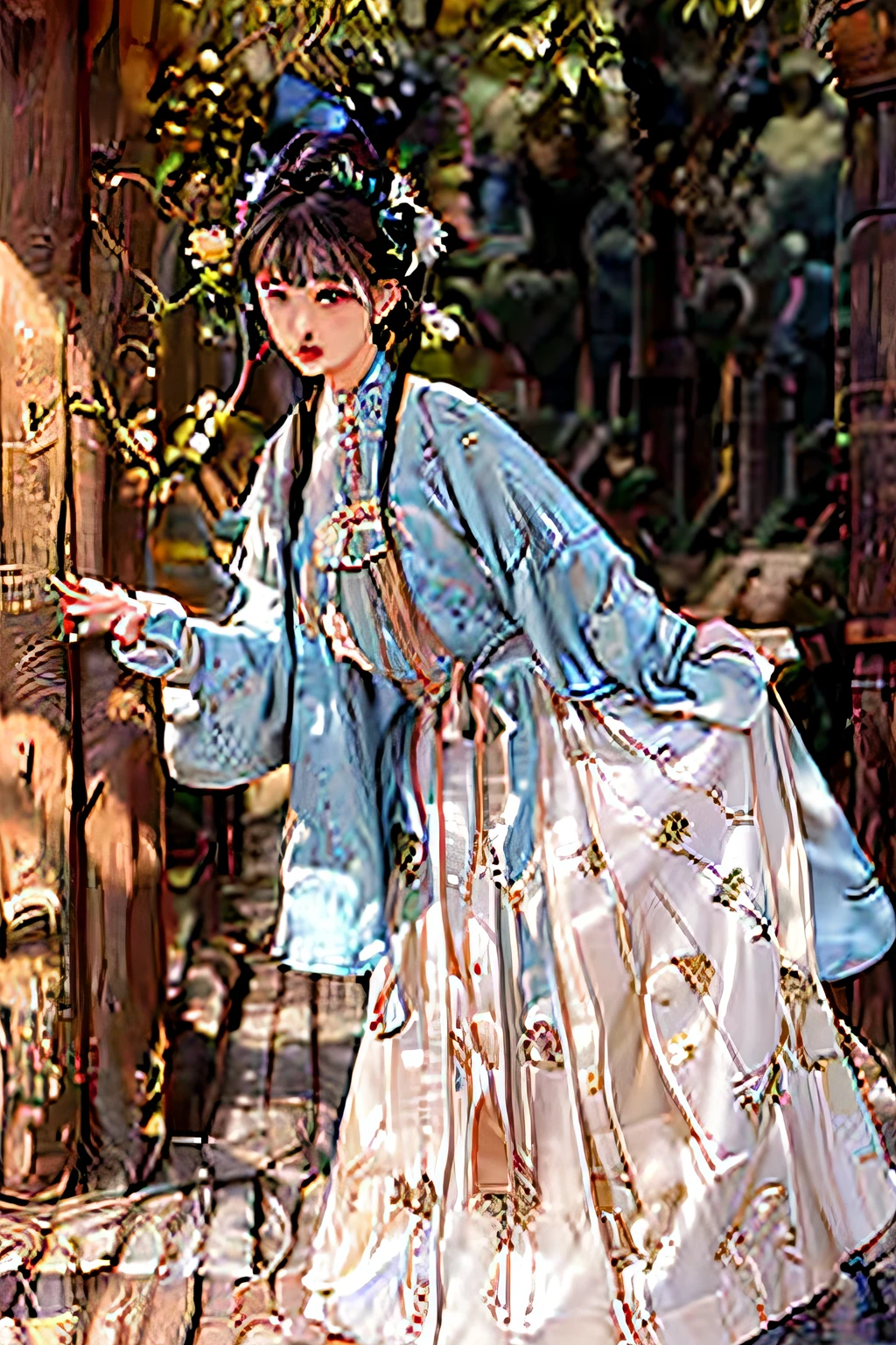 extremely detailed CG unity 8k wallpaper,(masterpiece),(best quality),(ultra detailed),(ultra realistic),(Best character details:1.36),nikon d750 f/1.4 55mm,dynamic angle,professional lighting, photon mapping, radiosity, physically-based rendering,
outdoors,busy street,looking at viewer,blush,
1girl,mature female,milf,tall body,golden proportions,(Kpop idol),(shiny skin:1.2),(oil skin:1.1),makeup,[:(high detailed face:1.2):0.2]:,PureErosFace_v1,
((wavy gray hair and a sophisticated sense of style)),(aegyo sal:1),(puffy eyes),(eyelashes:1.1),(parted lips:1.1),red lipstick,wide shoulders,(medium breasts:1.1),(cleavage:1.1),animal ears,(big ass:1.2),thighhighs,
 Hanfu,collar button,ming,Ming Dynasty,Ming clothing