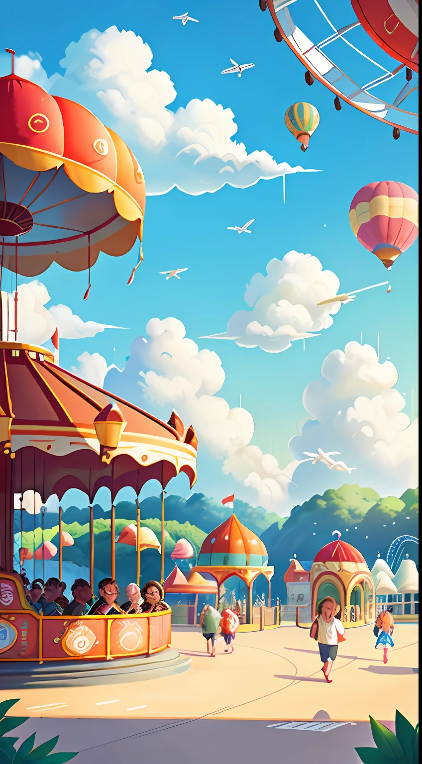 Ferris wheel, roller coaster, carousel, lots of air balloons, playground, seaside, greenery, people come and go, have fun