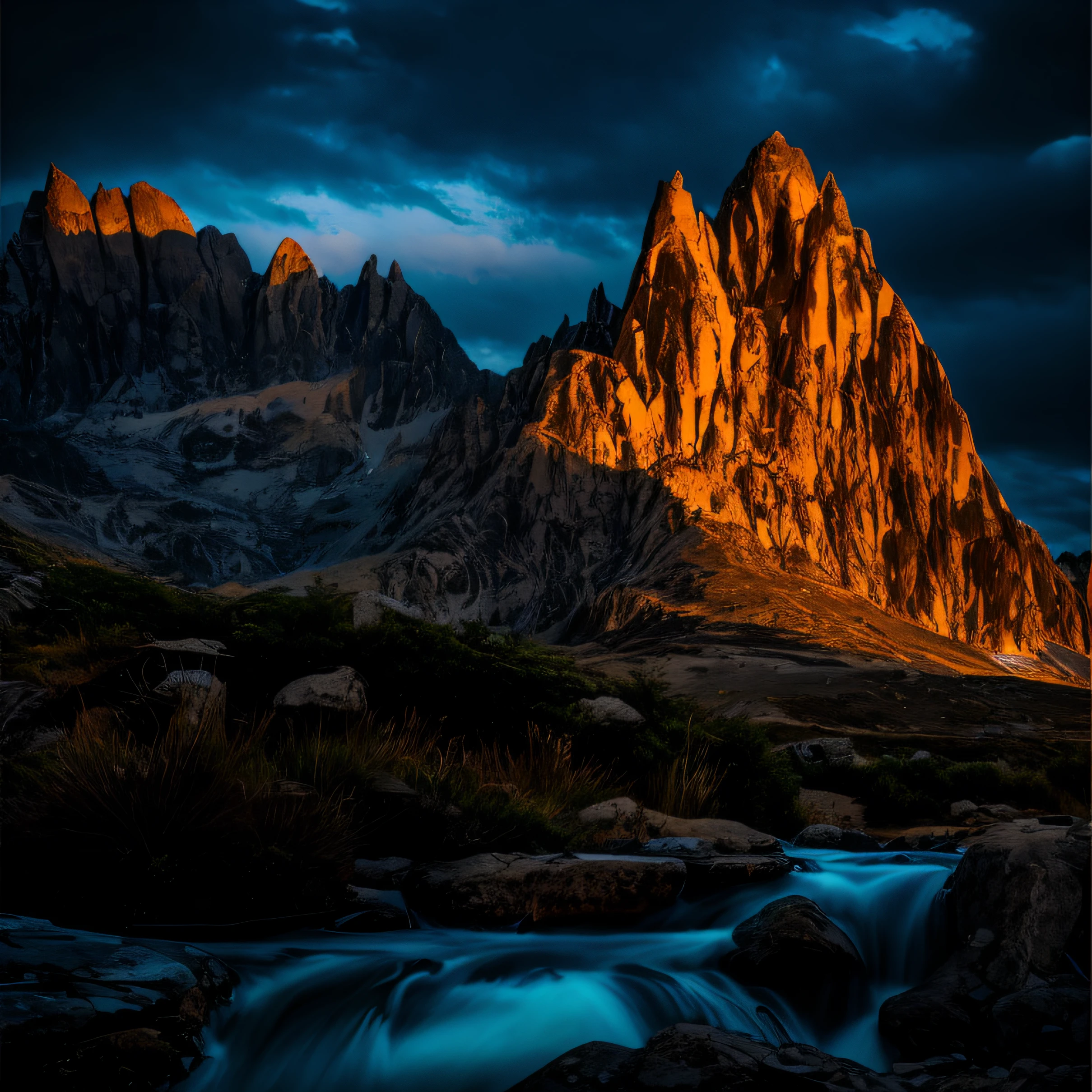 There is a small stream flowing between the mountains,blue-sky, author:Andrei Kolkoutine, majestic spires, ryan dyar, Peaks, Morning glow, tall stone spires, morningglow, author:Cedric Peraverne, first light, dramatic scenery, tall spires, sunrise light, alps, author:Etienne Dressett, author:Ivan Groghar, last light on mountain top