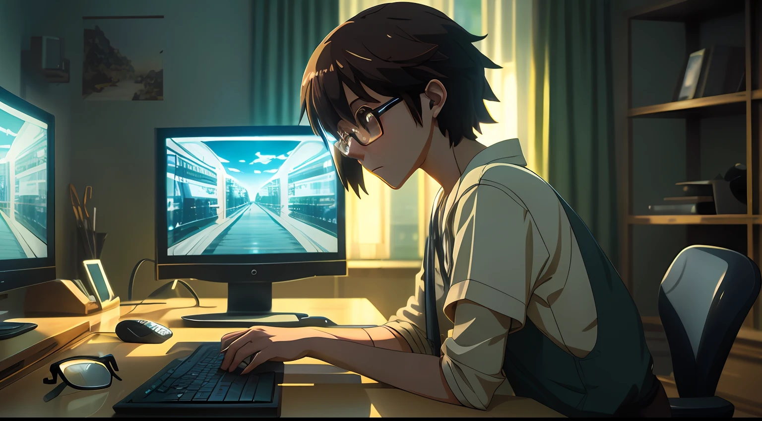 is programming on a computer in a room full of gadgets, por makoto shinkai e ghibli studio, lighting dramatic, altamente detalhado, amazing quality, round glasses, rosto nao identificado, editando fotos