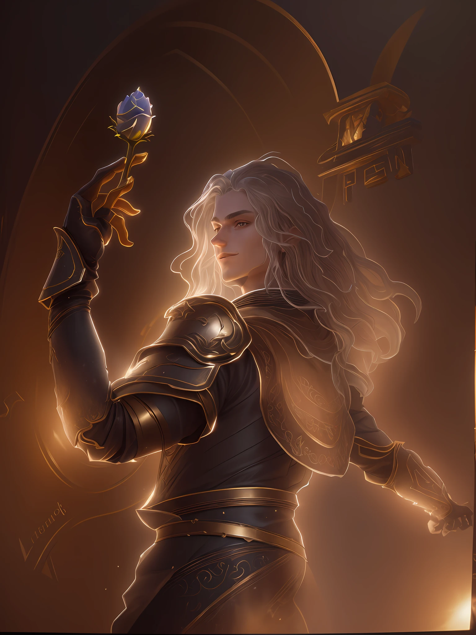 (Absurdres, Intricate Details, Masterpiece, Best Quality, High Resolution, 8k), 1 male, man holding white rose, thin, young, aged up, masked, finely detailed eyes and face, long hair, amber eyes, portrait, looking at viewer, solo, half shot, detailed background, (light fantasy theme:1.1), focusing, mercenary, sunshine, floating scraps, color plate armor, divine aura, bright realistic lighting, marble castle, circlet, coat of arms, brazier, , Depth of Field, VFX.