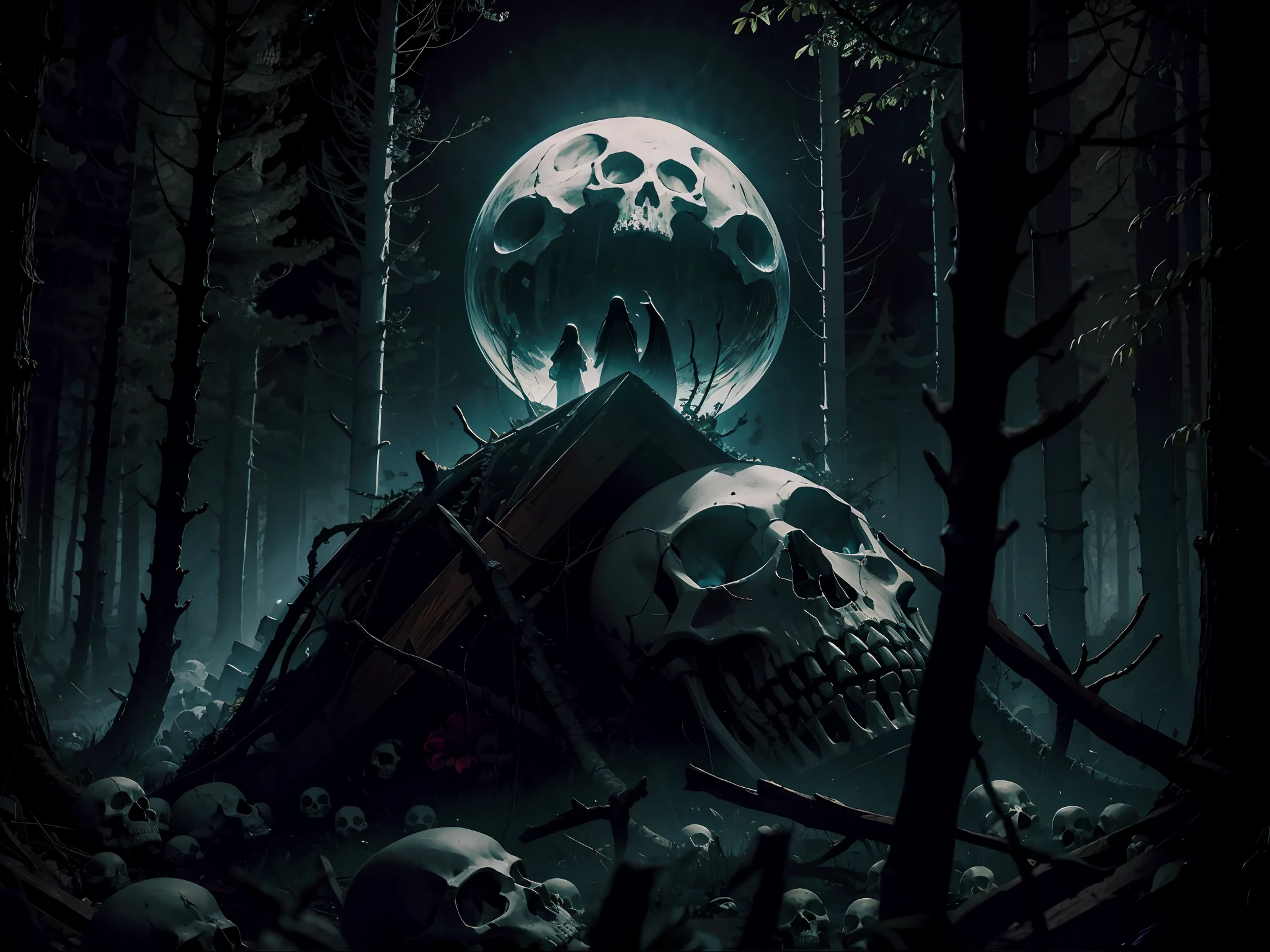HUMAN BONES AND SKULLS STACKED IN A DARK, DARK FOREST AT NIGHT WITH MOONLIGHT, Clima denso, gothic horror vibes, arte de fantasia de terror, cores mortas