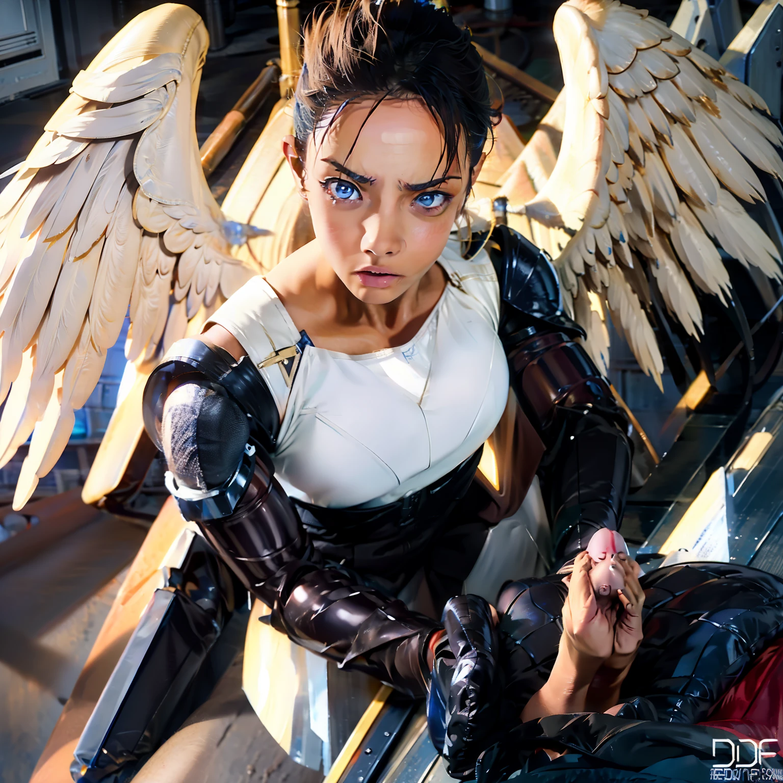 (highres, best quality, masterpiece), depth of field, adult female, solo, bold colors 4K, dramatic lighting, action scene, blonde hair, hair parted, hair between eyes, blue eyes, (detailed eyed), looking fierce, serious expression, angry expression, looking out into the distance, looking away, smooth skin, fully body, physically fit body, mechanical armor, (high-tec armor), angelic wings, white wings, hovering in the air, gliding in the air, making a fist, looking to strike, closed_mouth, crouching down, shooting a beam of light from her hand, firing a blast of blue light from her palm, a beam of pure energy
