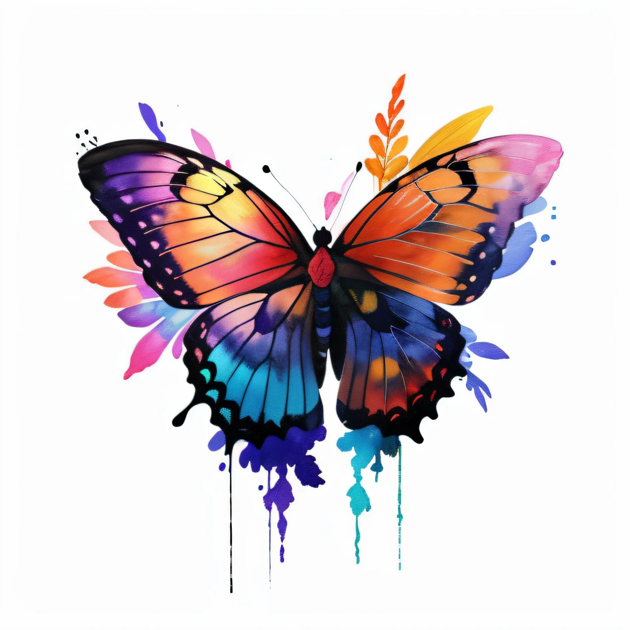 Brightly colored butterflies，There are spots on the wings, Butterfly, harmony of butterfly, painted with colour on white, Beautiful digital artwork, painted in bright water colors, beautiful gorgeous digital art, vibrant watercolor painting, colorful watercolor painting, beautiful digital art, art of alessandro pautasso, A beautiful artwork illustration, watercolor digital painting, Beautiful artwork, There are purple-blue flowers on the back，Thick coating