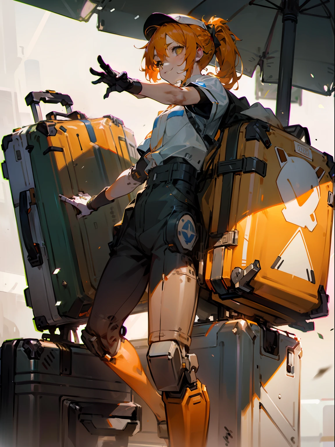 (Orange Ponytail:1.3),(Robot body:1.2),Standing open leg,White body,metal detail,Photograph from the knee up,Face Focus,Delivery Man,Luggage on the back,White Baseball Cap,Front lighting,White room,A slight smil,closes mouth