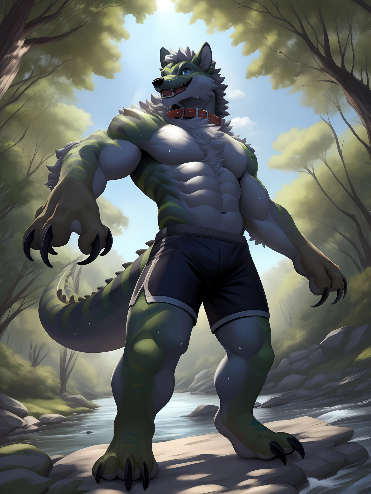 eyes with brightness, in a panoramic view, Character focus ,Full body like,独奏, shaggy, Furry male wolf, Black fur for men, blue color eyes, Gray hair(The long),Bare body,Black shorts(Green stripes),In the forest,Handsome,Standing on the path by the river, There are lizard tails,Bust,drools,Collar,having fun,Reveal cute beast claws,Sweat,sportrait,, dynamic angle,Sharp claws
