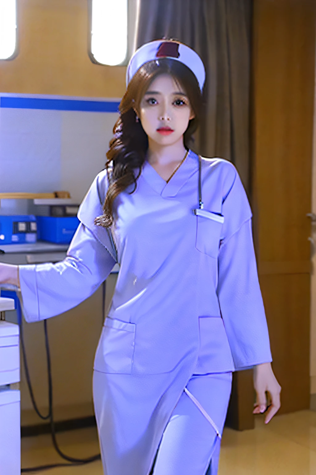 Beautiful nurse,Wear a white nurse costume with high resolution,HDR,extremelycomplicateddetails,in a hospital , dramatics