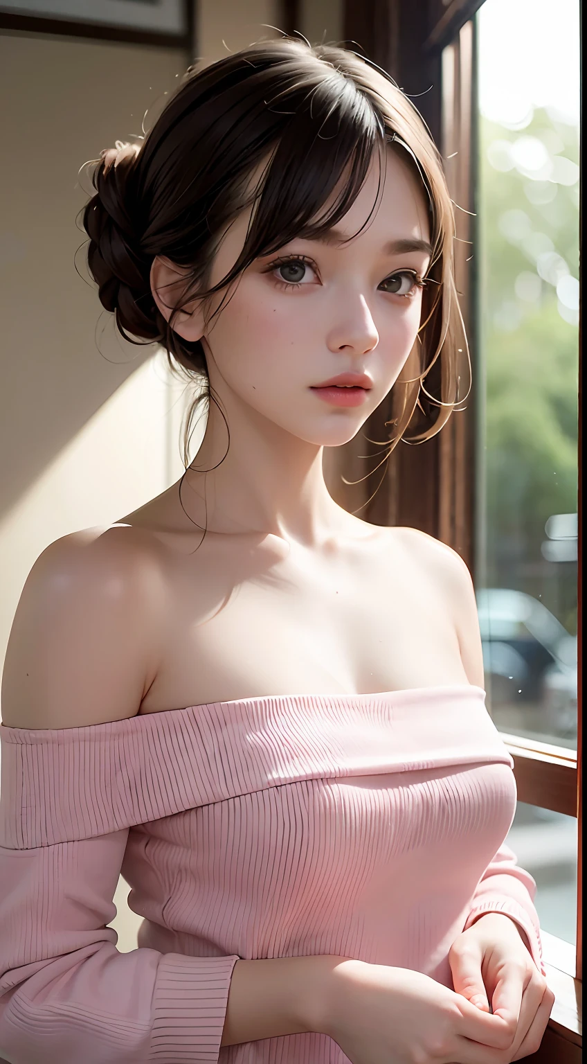 Best Quality, Masterpiece, Ultra High Resolution, (Realisticity: 1.4), Original Photo, 1girl, Pink Off-the-Shoulder, Cinematic Lighting