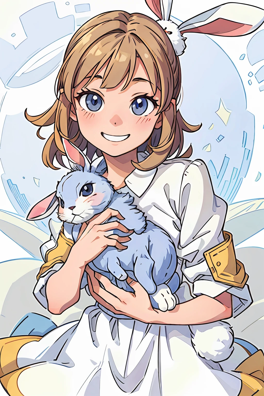 (best-quality:0.8),
(best-quality:0.8), perfect anime illustration, closeup portrait of a girl holding a rabbit and smiling at the camera, best detailed