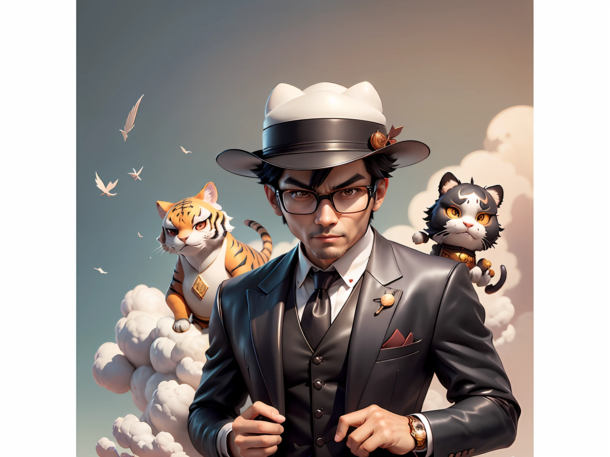 Young man with leather hat, tiger, dragon, oriental face in formal suit, short black hair, silver glasses, digital painting, 3D character design by Mark Clairedon and Pixar and Hayao Miyazaki and Akira Toriyama, the illustration is a high-definition illustration in 4K resolution with very detailed facial features and cartoon-style visuals.