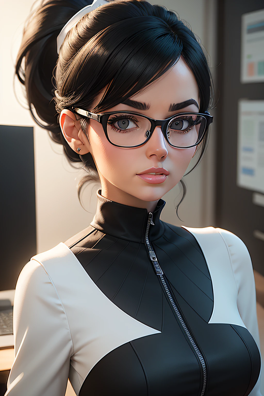 A female image of a company's finances,With white-framed glasses,High ponytail,French style dress,black color hair,pixar-style,3D style,Animation effects,Three-dimensional image