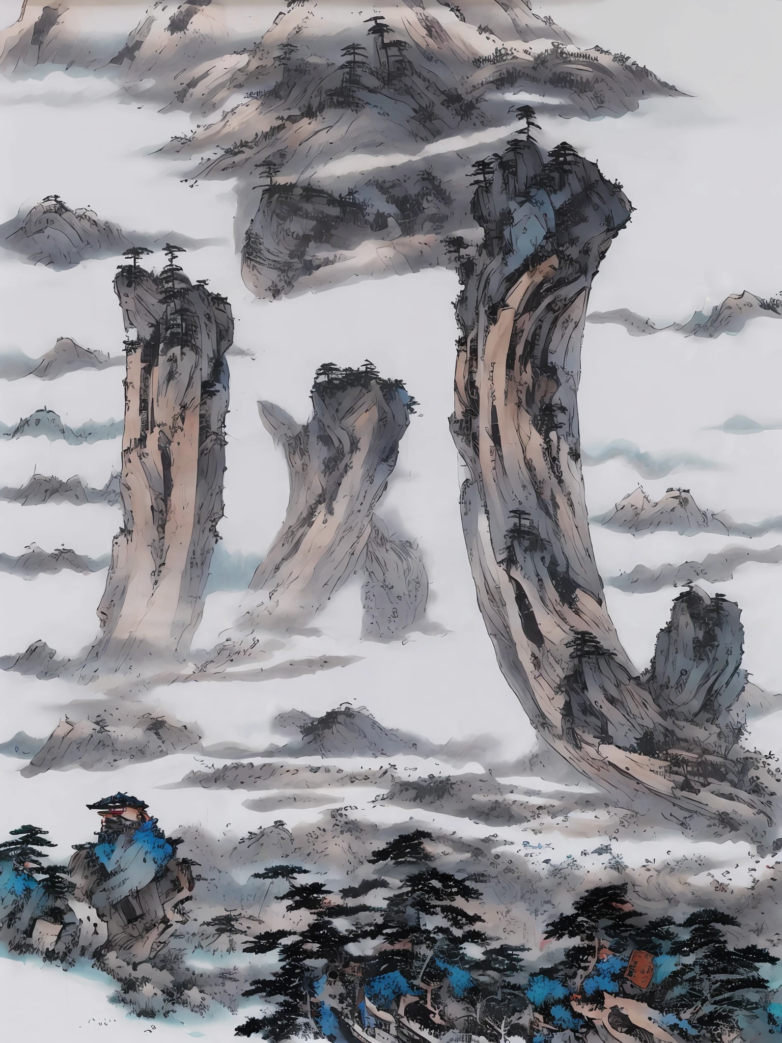 ((masterpiece)), ((best quality)), ((high-res)),((extremly details)), ((Ink wash)), ((artist)), a painting of longly mountain and pine_tree, 分支, no_humans, 户外, 风景, 鸟类, 瀑布,河流, 靛蓝颜料, zulishisong_style_mountains