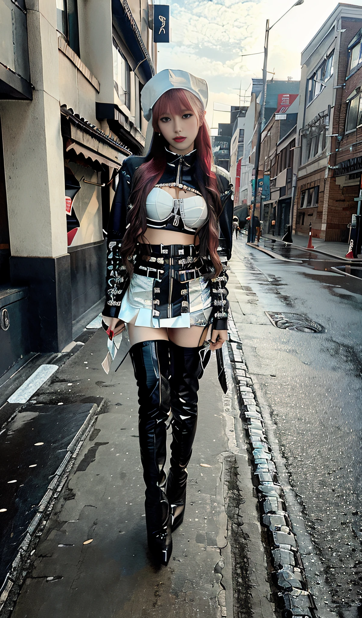 1girl,(8k, RAW photo, best quality, masterpiece:1.2), (1girl,solo:1.29),(realistic, photo-realistic:1.37),(street photography
:1.54),boots,(2 boots,2 normal legs),over knee,(stand upright,orthographic illumination,whole body pictrue:1.88),(knee high boots:1.75),(leather boots:1.6),(boots cover 3/4 legs:1.55),(high heels:1.2),(silvery hair),(silvery boots),(leather miniskirt:1.3),(high heels:1.4),(2 long heels:1.2),(2 thin heels:1.33),(2 slim heels:1.33),(bra:1.65),(silvery lacquer leather boots:1.4),(boots cling to her legs:1.5),(The boots press tightly against the thigh, highlighting the curve of the leg),ultra-detailed,full body,(long hair,red hair,bright red hair:1.4),(beautiful detailed girl:1.5) ,beautiful nose,(extremely detailed eyes and face:1.5), (beautiful detailed eyes:1.5),(light on face:1.5),(Hanfu:1.1),beautiful detailed lips,professional lighting, no hats,(Hanfu:1.1),2 legs,photon mapping, radiosity, physically-based rendering,extremely detailed eyes and face, beautiful detailed eyes,light on face,cinematic lighting,beautiful detailed sky,detailed Shanghai street,morning,sun light,short jacket,hoodie,school uniform,(open legs:1.39),1girl,full body,full-body shot,see-through,looking at viewer,outdoors,