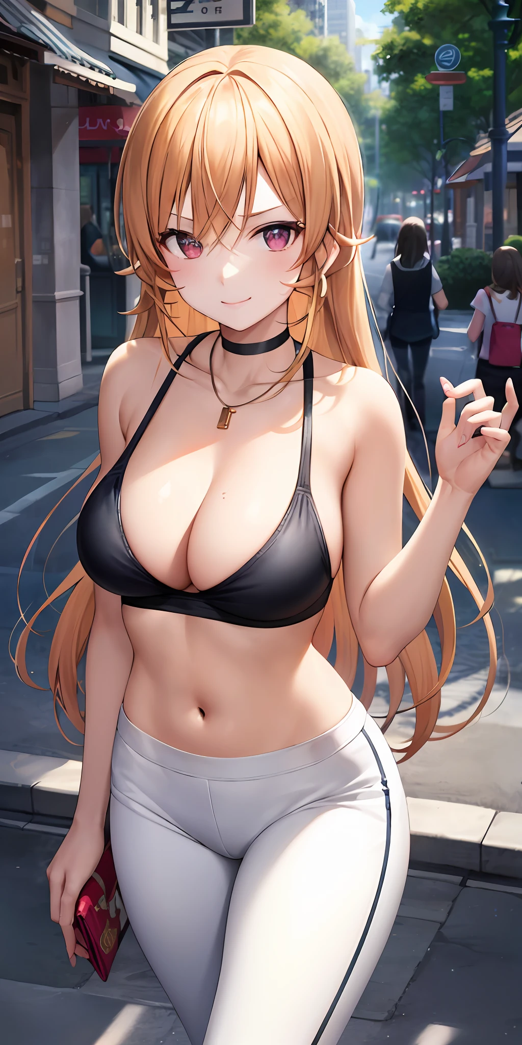 a necklace、A smile、 (Colossal tits:1.2、)The upper part of the body、frombelow、cammel toe、Black panties、 jewely、White Yoga Crop Top、White Leggings Shorts、hand on the breasts、see -through、Look at viewers、a choker、full of shyness、 (​masterpiece、top-quality、top-quality、Official art、Beautifully Aesthetic:1.2)、(1 girl in)、ighly detailed、colourfull、highestdetailed、 城市、a street、leaning back to wall、walls、suns、​​clouds、Golden hair, length hair,a purple eye,Erina Nagiri