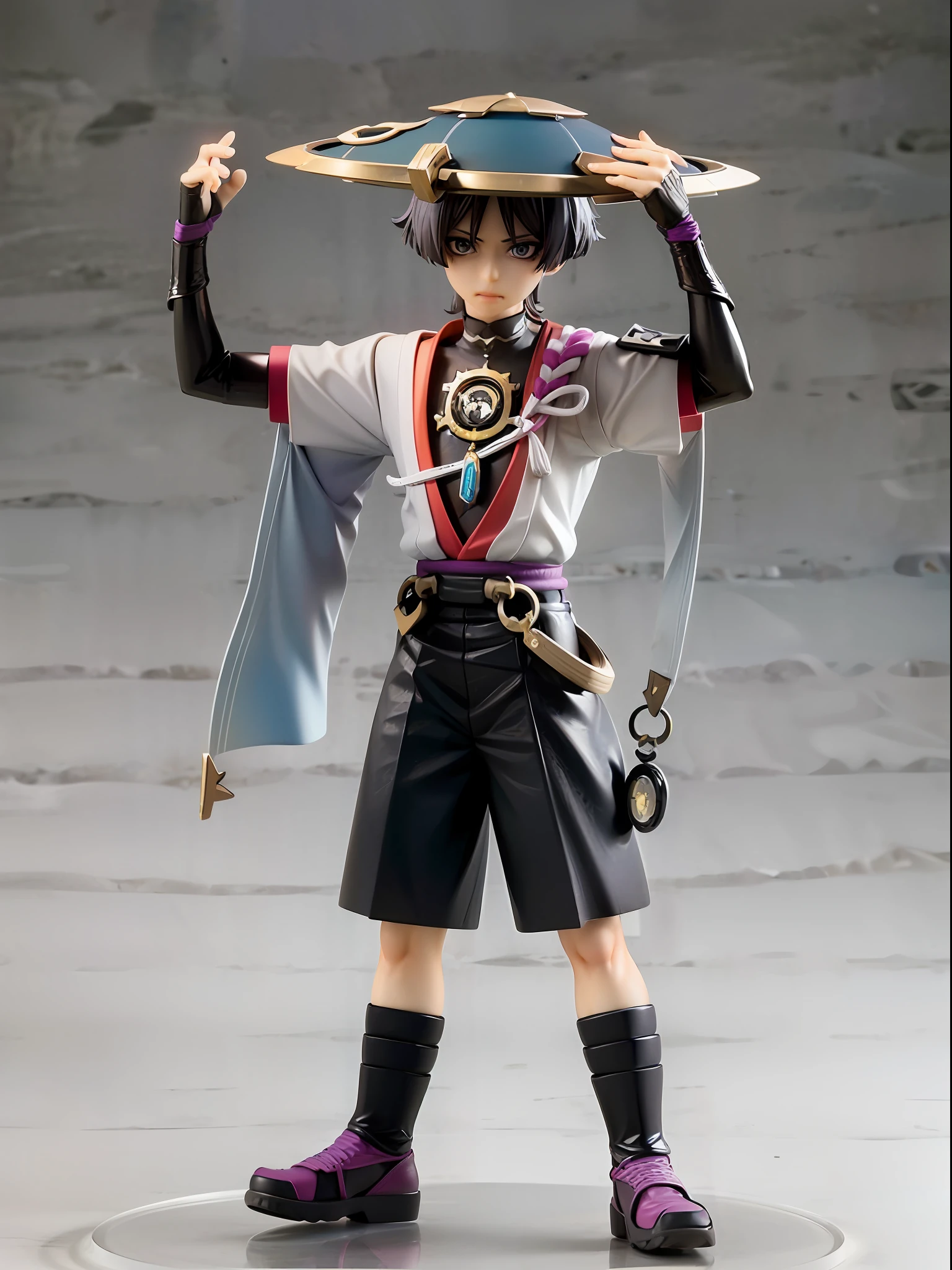 (Blind box toy style:1.3), ((Full body shot:1.4)) ((anatomy correct)),((1boy, solo)),(masterpiece:1.3), head up angle,high quality, (SOLO:1.4), whole body, (((scaramouche,genshin impact))), masterpiece, best quality,((wanderer:1.2)), 1boy, male focus, solo, outdoors, standing, The arms hang down naturally,headwear, vest,((circular base:1.5))(Global illumination, Ray traching, hdr, unreal render,reasonable design, high detal, Masterpiece, Best quality, hyper HD, Cinematic lighting)