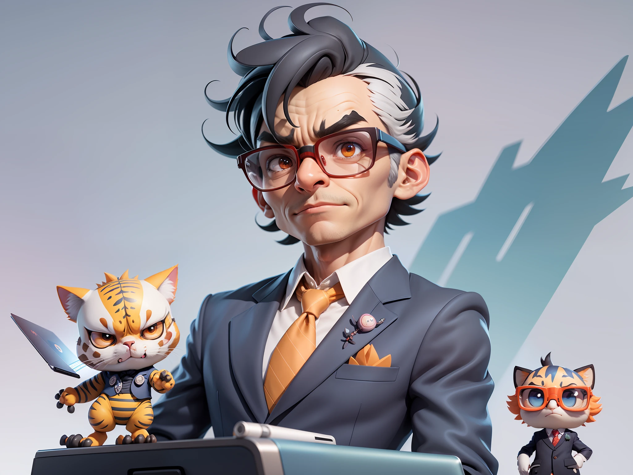 A young man in a suit, Short hair and glasses sat at his desk,holding laptop,digitial painting,tigre,3D character design by Mark Clairen and Pixar and Hayao Miyazaki and Akira Toriyama,4K HD illustration,Very detailed facial features and cartoon-style visuals。