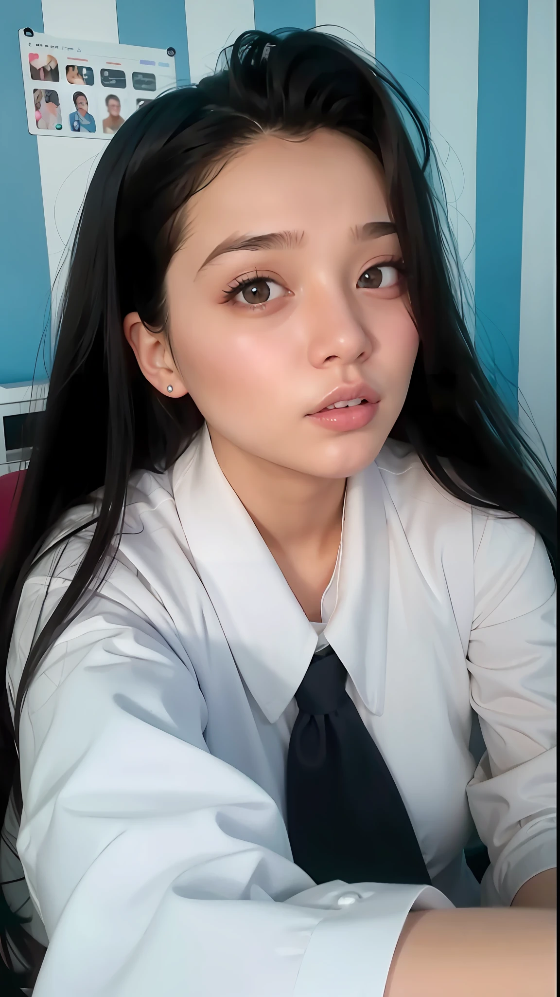 there is a pregnant young girl wearing a tie and a white shirt, ruan cute vtuber, wearing lab coat and a blouse, in white clothes, real ungine, low quality video, doctor, tiktok video, (doctor), with a lab coat, young and cute girl, with kind face, wearing lab coat, with long hair, dang my linh, with big boobs