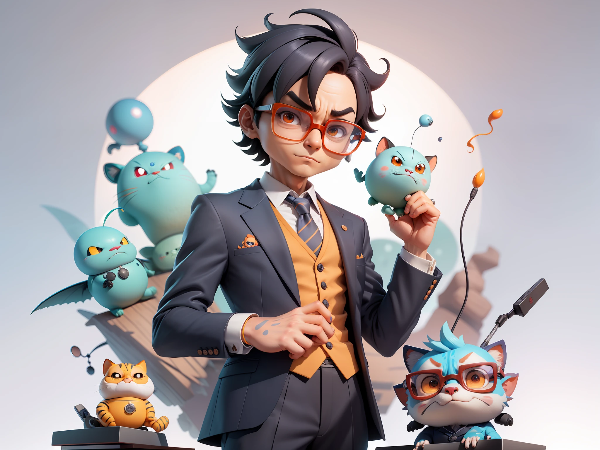 A young man in a suit, Short hair and glasses sat at his desk，holding laptop，digitial painting，tigre，3D character design by Mark Clairen and Pixar and Hayao Miyazaki and Akira Toriyama，4K HD illustration，Very detailed facial features and cartoon-style visuals。