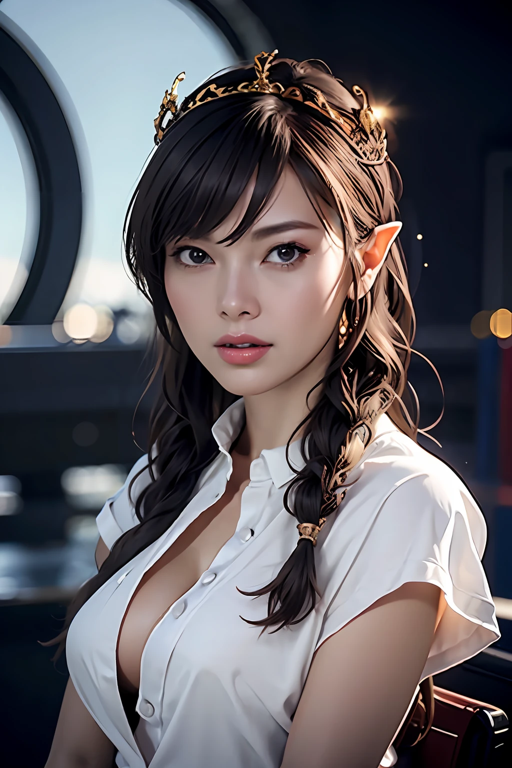 Ultra-detailed complex 3D rendering of face, (Colossal: 8.8), (masterpiece, top quality, octane rendering, 8K), glamour shot full body image, very beautiful young elf, cleavage, (very detailed skin: 1.2), (exposure: 1.1), brown-haired, ((wearing a plummeted open shirt of white silk: 1.10)), beautiful Caucasian woman with black skin with full soft breasts with big buttocks, Single, long braided hair, big breasts, dynamic angle, mystical expression, ultra-realistic photo, (((portrait)))), bare feet, futuristic urban background, facial muscles, detailed and beautiful queen gold crown, in the style of Marvel Comics, ArtStation trends, clear focus, studio photography, intricate details, very detailed, detailed red eyes, very detailed, Sharp Focus, Digital Rendering, Professional, Abs, Dark Grey Background,