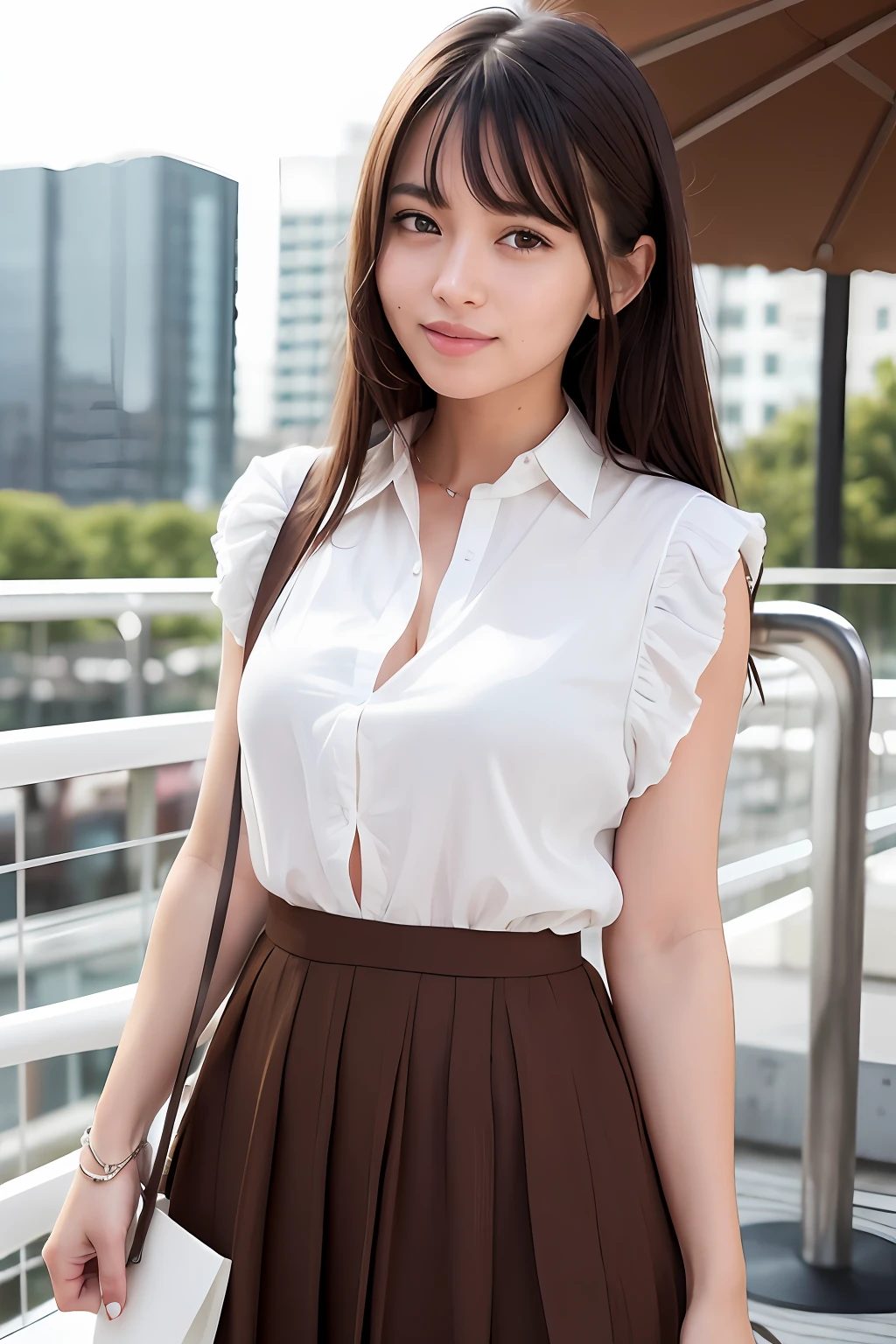 (RAW photo, best quality), (realistic, photo-realistic:1.2), a close up portrait photo,
1girl, shopping mall rooftop cafe, outdoor,dating,
smile, (high detailed skin:1.4),
puffy eyes, gorgeous hair, air bangs, brown black hair,
white opaque shirt in random color , pleated skirt in random color,
soft lighting, high quality,