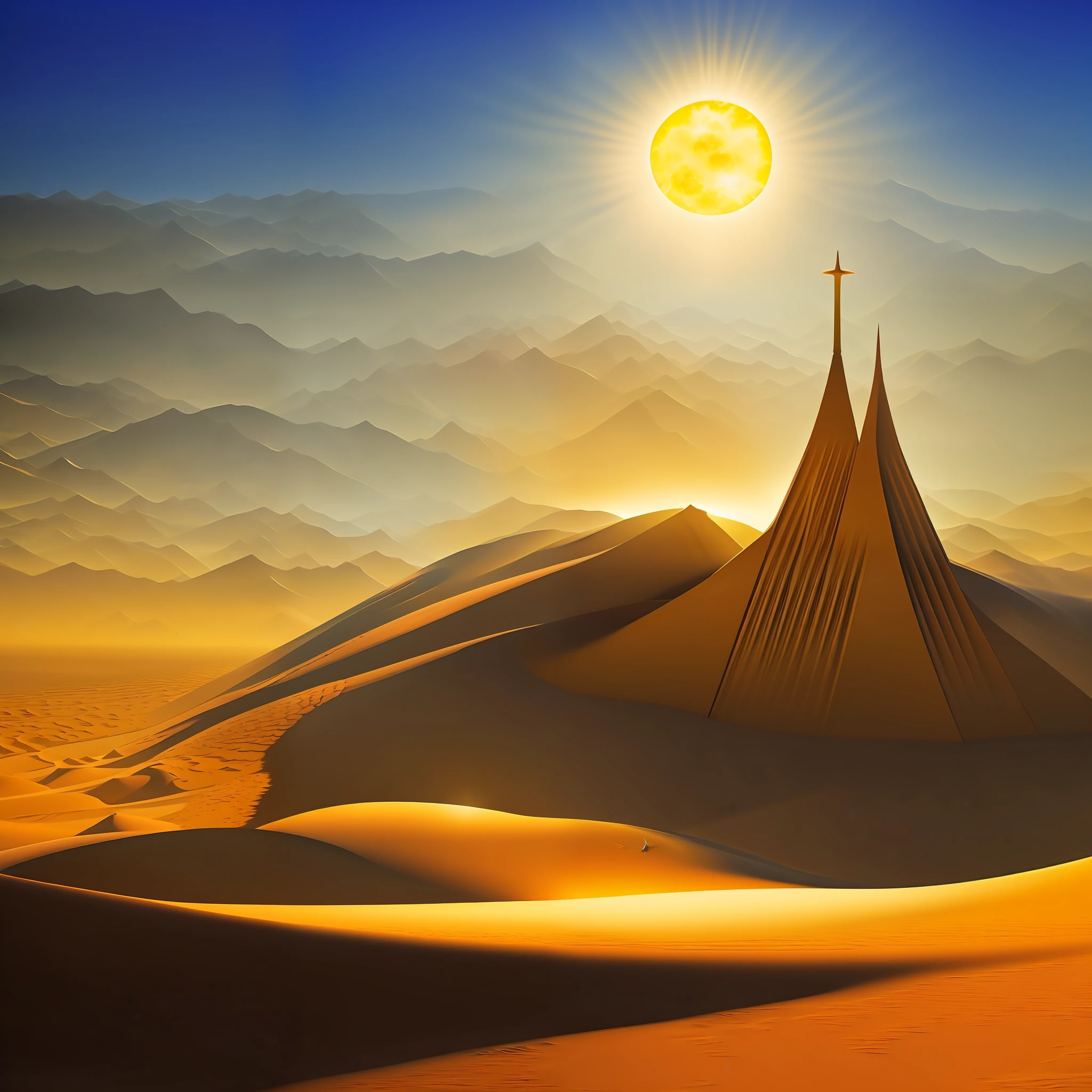 realisticlying, best qualtiy, 4K, A desert, Golden atmosphere, sacred place, palaces, suns, westward，angelicales，Original Drawing，holy rays，god of the sun