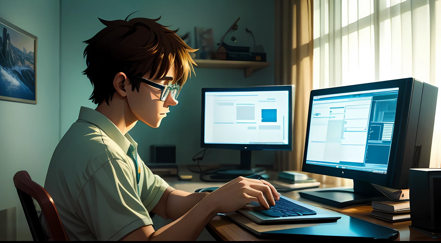 A nerdy 20-year-old man is programming on a computer in a room full of gadgets, por makoto shinkai e ghibli studio, lighting dramatic, altamente detalhado, amazing quality, round glasses