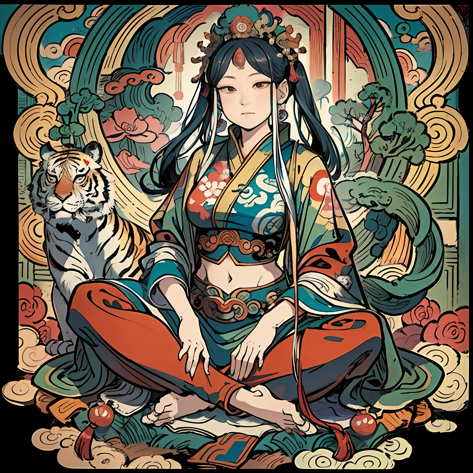 an ancient Chinese goddess, guanyin of the southern seas, Guanyin, Inspired by India, Avalokiteshvara rides a tiger,,Serene expression,shui mo hua,Buddha,Buddhist,Lotus,Chinese painting style,Thangka style