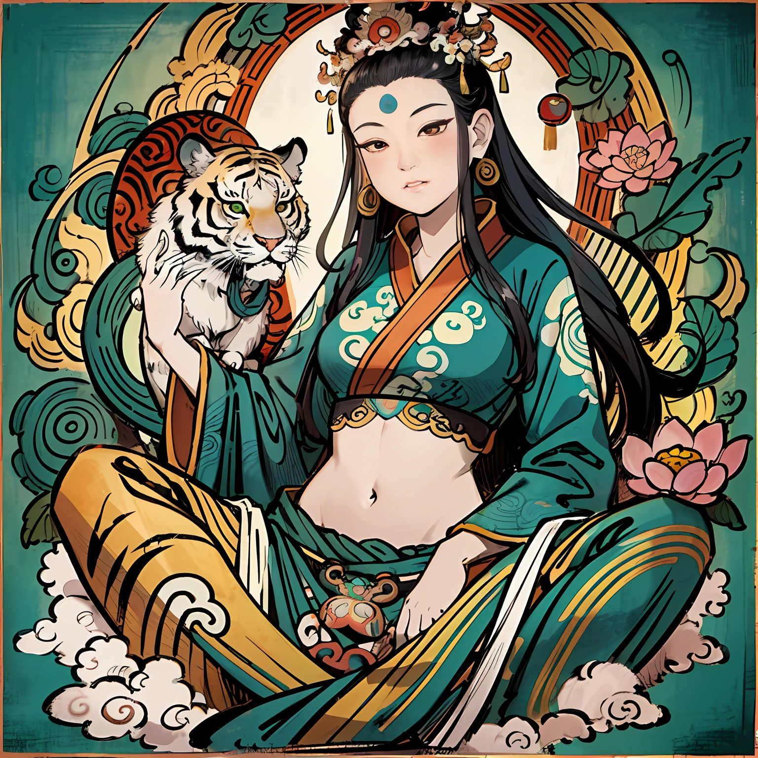 an ancient Chinese goddess, guanyin of the southern seas, Guanyin, Inspired by India, Avalokiteshvara rides a tiger，,Serene expression,shui mo hua,Buddha,Buddhist,Lotus,Chinese painting style,Thangka style