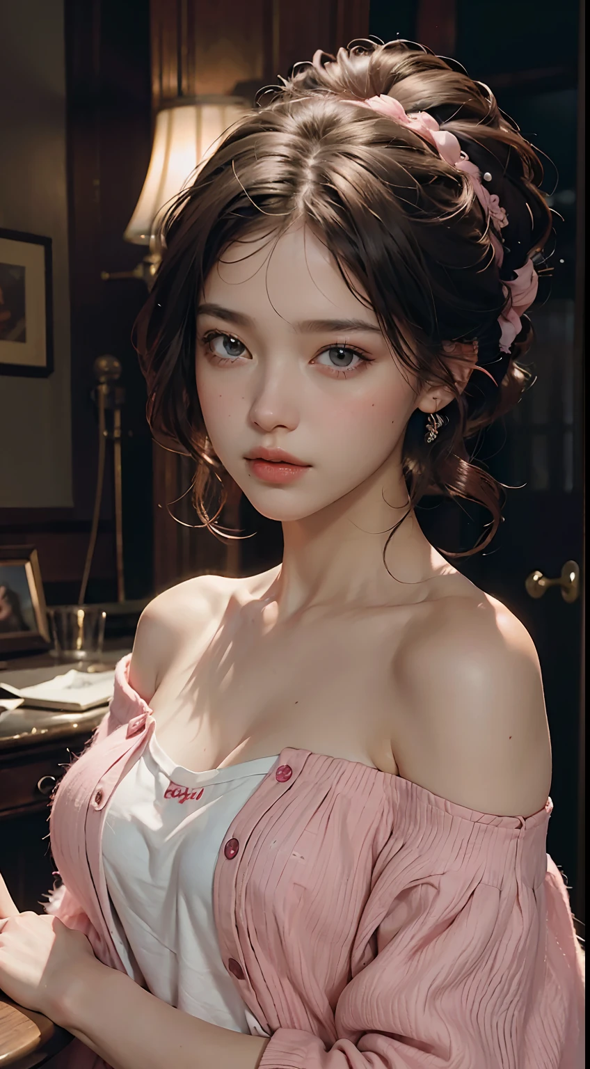 Best Quality, Masterpiece, Ultra High Resolution, (Realisticity: 1.4), Original Photo, 1girl, Pink Off-the-Shoulder, Cinematic Lighting