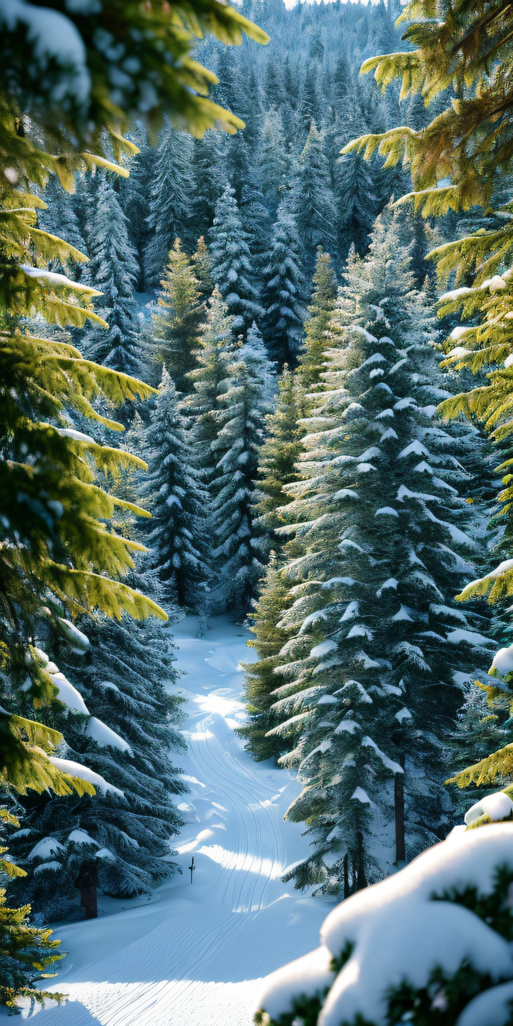 Masterpiece, best quality, high quality, highly detailed CG unity 8k wallpaper, coniferous forest, silence, towering conifers covering the forest floor, severe cold climate, serene beauty, snow, winter, mild summer, breeze, Conifers, branches, bokeh, depth of field, HDR, bloom, chromatic aberration, photorealistic, extremely detailed, popular on artstation, popular on CGsociety, complex, high detail, dramatic, art midway