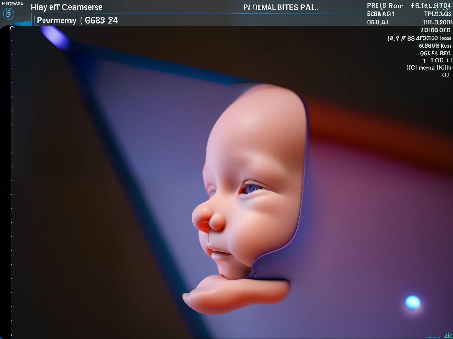 Enhance this 4D ultrasound image of a 24 weeks fetus. Arafed image of a baby's face, fetus, high-resolution scan, Very chromatic aberration, extremely high-quality scan, Hyper-realistic simulation, high-quality scan, Bump mapping, High-quality 3D realism, simetry! human fetus, Realistic flesh texture, Heavy JPEG artifact blurred, Highly realistic bump mapping, high-resolution scan. A close-up image of a head with an image of a 24 baby, high-resolution scan, high-resolution scan, Escaneo 4K, Escaneo 4K, Escaneo HD, fetus, Cerrar - IP shot, Tapa de pantalla, Medical imaging, Highly coherent image, Detailed analysis, screen capture, extremely high-quality scan, 8K scan, 8K scan, Detailed screen capture.