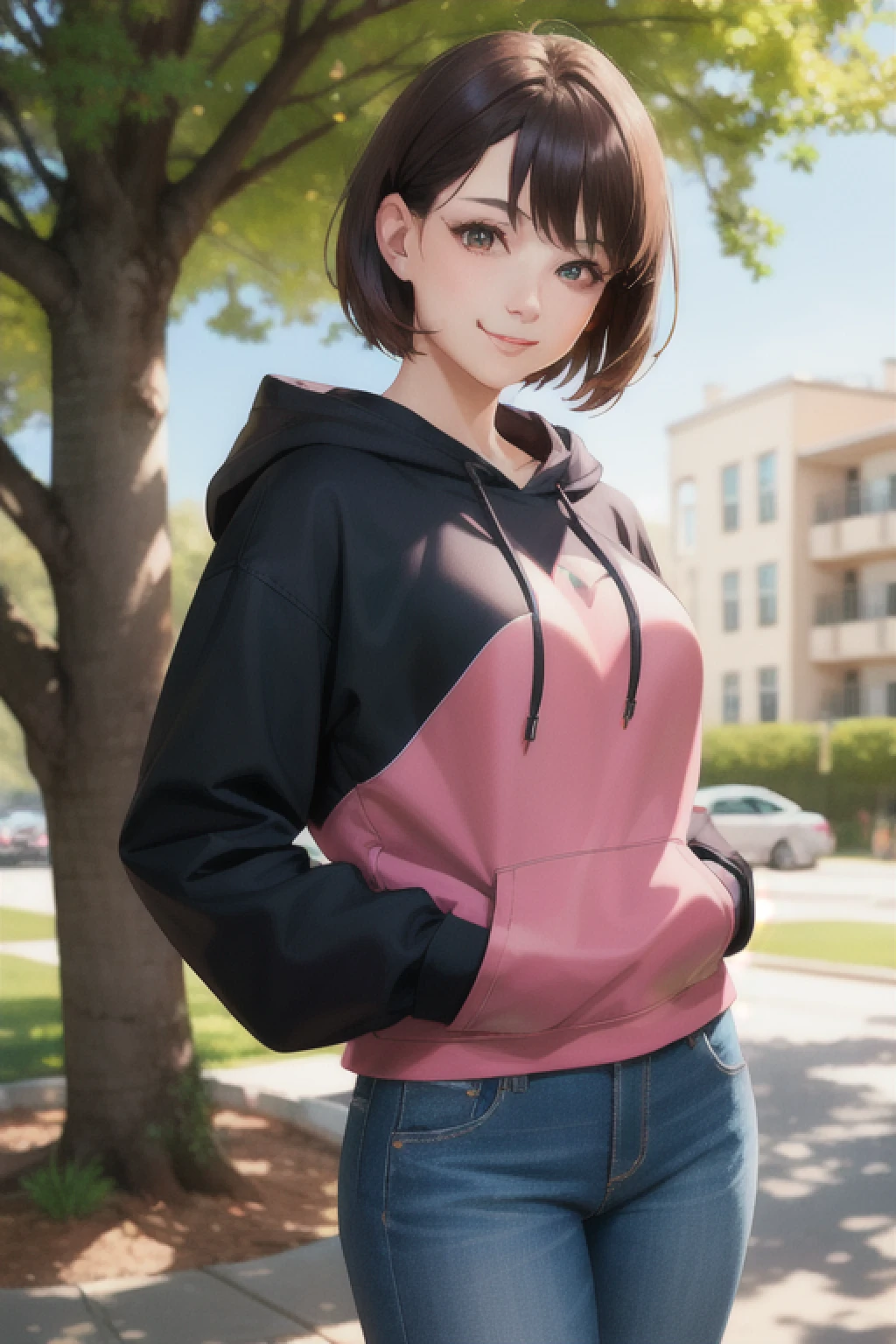 a feminine woman, breasts, sensual body, very short hair, asymmetrical bangs, light smile, hoodie, jeans, park, best quality, ultra-detailed, (photorealistic), an extremely delicate and beautiful, depth of field, film grain