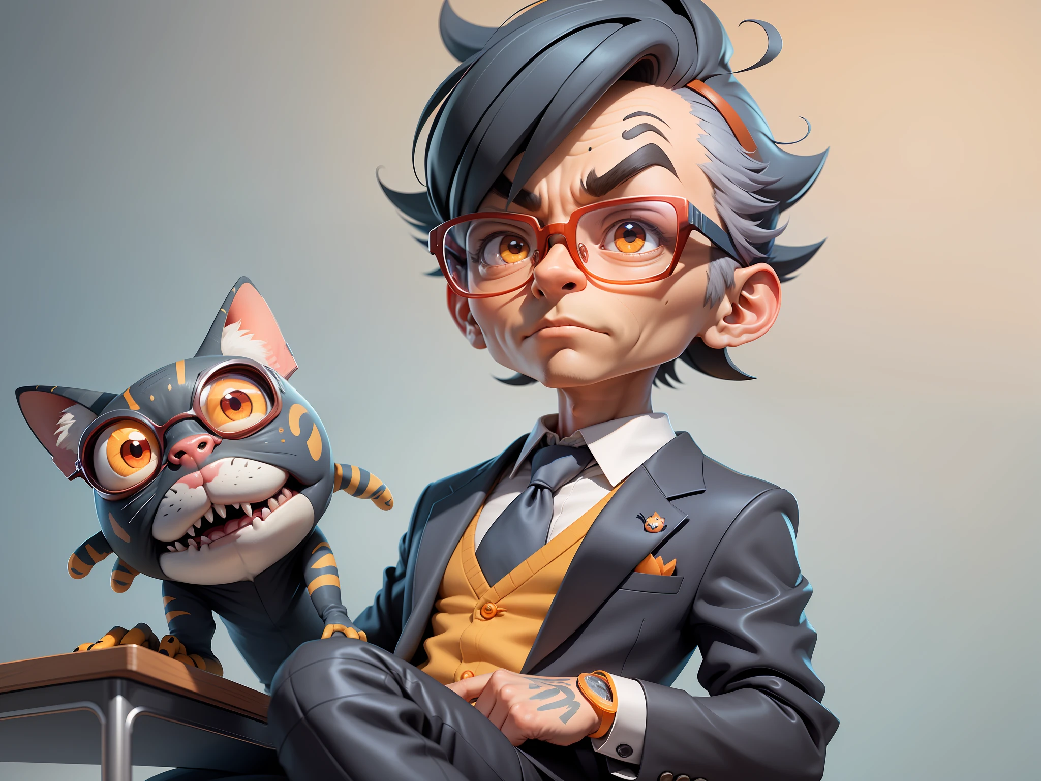 A young man in a suit, Short hair and glasses sat at his desk，holding laptop，digitial painting，tigre，3D character design by Mark Clairen and Pixar and Hayao Miyazaki and Akira Toriyama，4K HD illustration，Very detailed facial features and cartoon-style visuals。