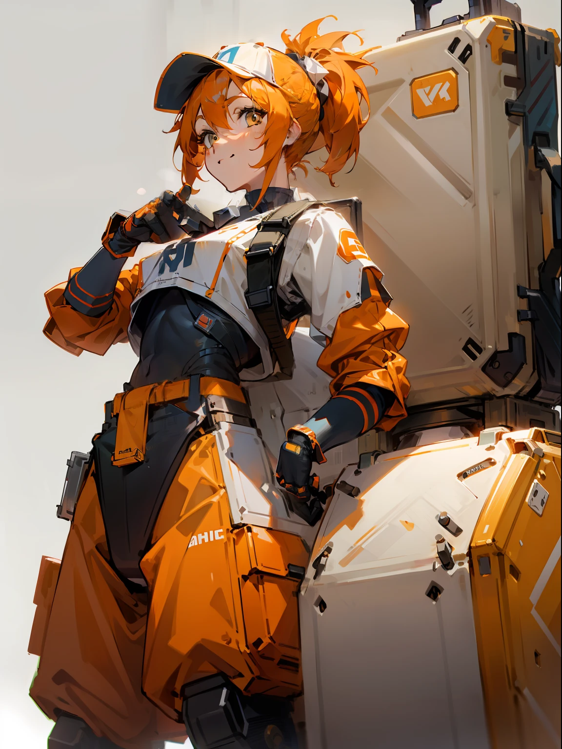 (Orange Ponytail:1.3),（Robot body:1.2),Standing open leg,White body,metal detail,Photograph from the knee up,Face Focus,Delivery Man,Luggage on the back,White Baseball Cap,Front lighting,White room,A slight smil,closes mouth