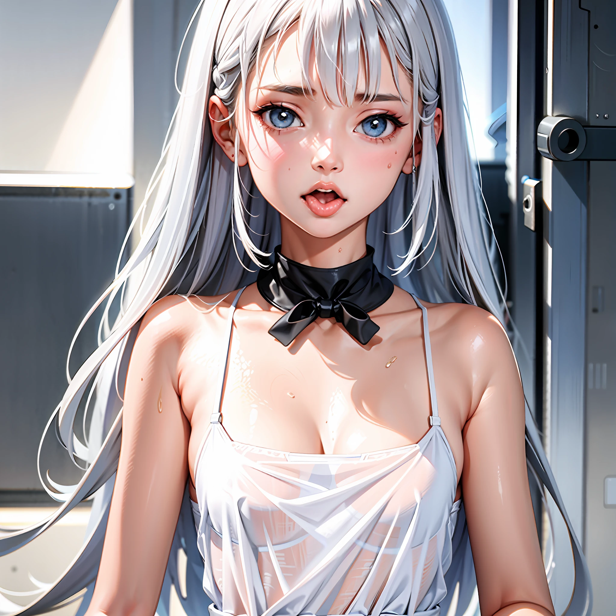 Girl sex machine,skin is delicate,Head up,Huge mouth,looking at me,(Stick out her tongue,(Complete throat),(throat),(saliva),(uvula),(nakeness),tit:3,milk:3((heav breathing)),(Fully drape),Wearing sweat,suspending),The dress drips,Ultra-low neck dress,No underwear,pantyless,long layered silvery white hair,